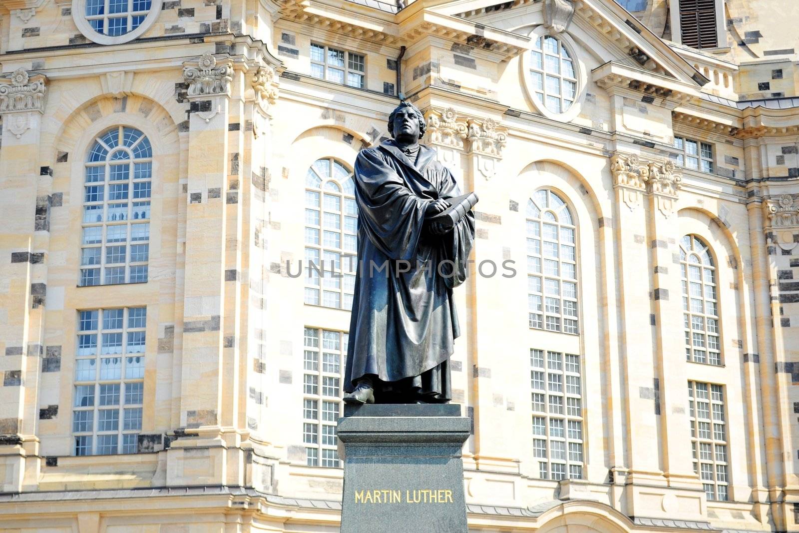 Statue of Martin Luther, German monk and iconic figure of the Protestant Reformation, in front of the Lutheran Frauenkirche in Dresden, Germany