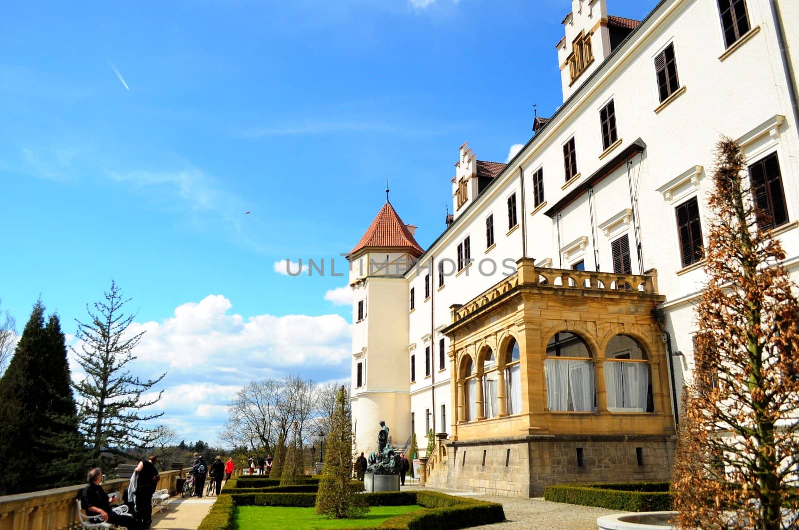 Panorama of the Konopiste Castle over blue sky during the spring day