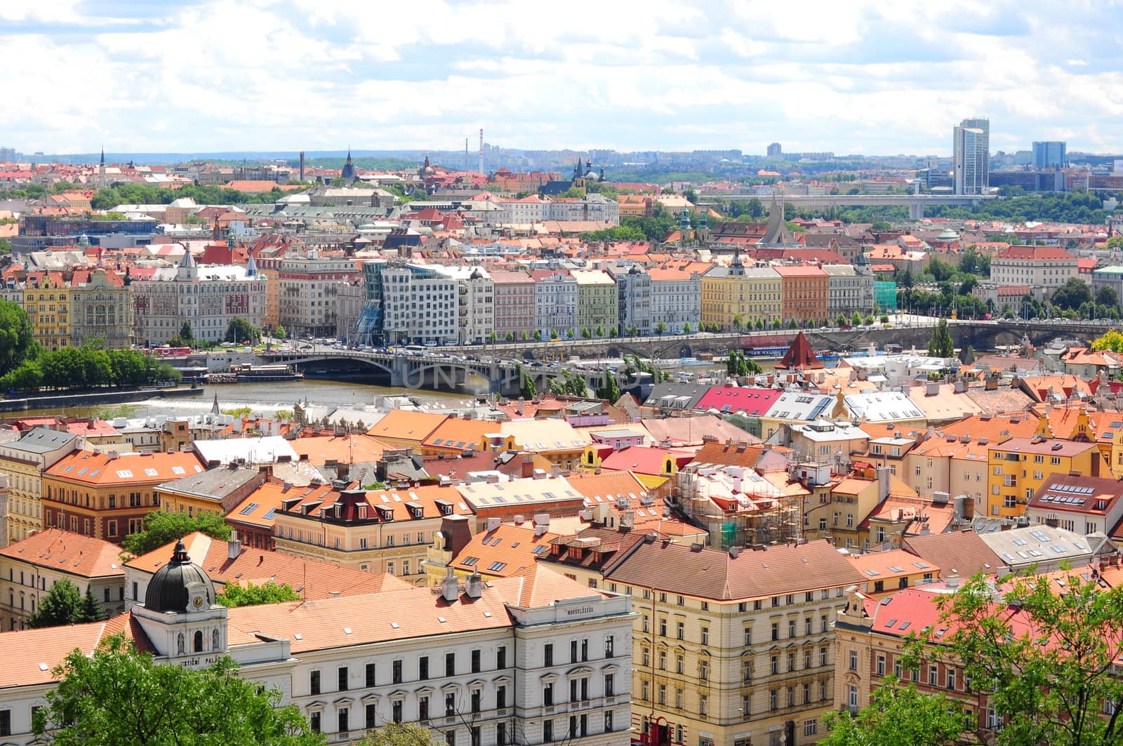 Panoramic view of Prague from the Petrin Hill on a sunny day