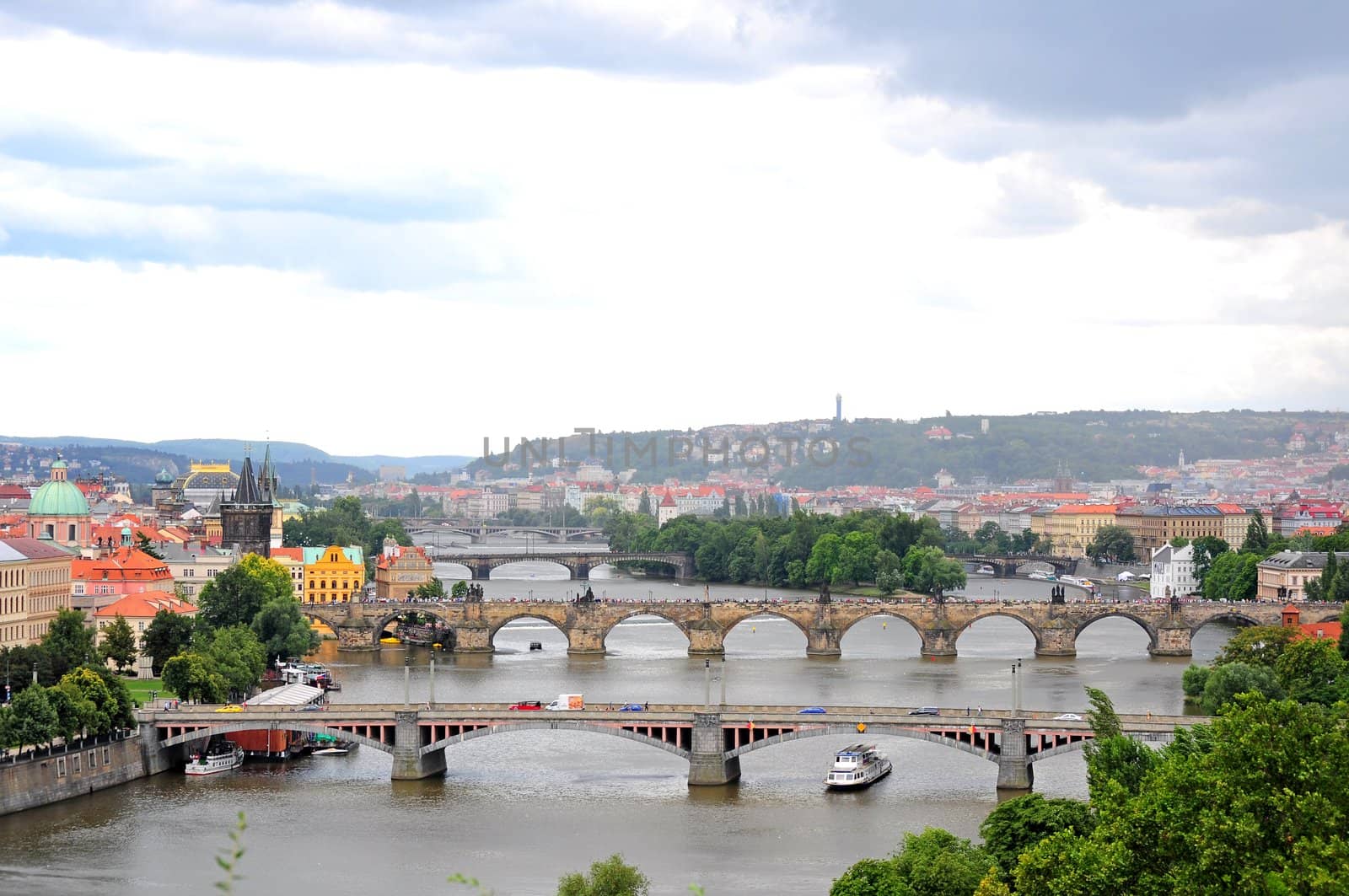 Panoramic view of Prague from the Letna Gardens on a rainy day