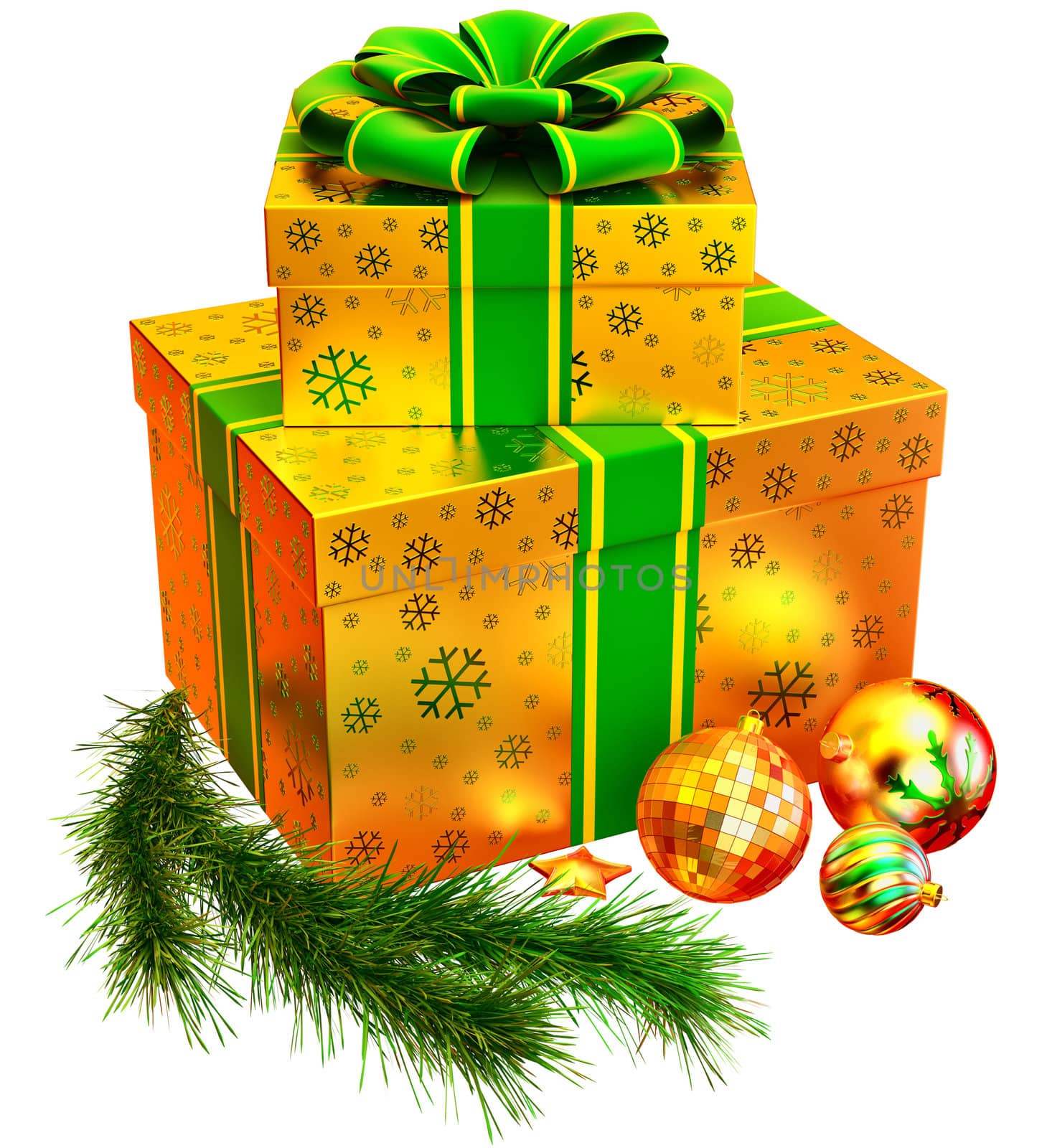 Christmas tree toys and set of golden boxes ornamented with the snowflakes and decorated by green bow as gifts