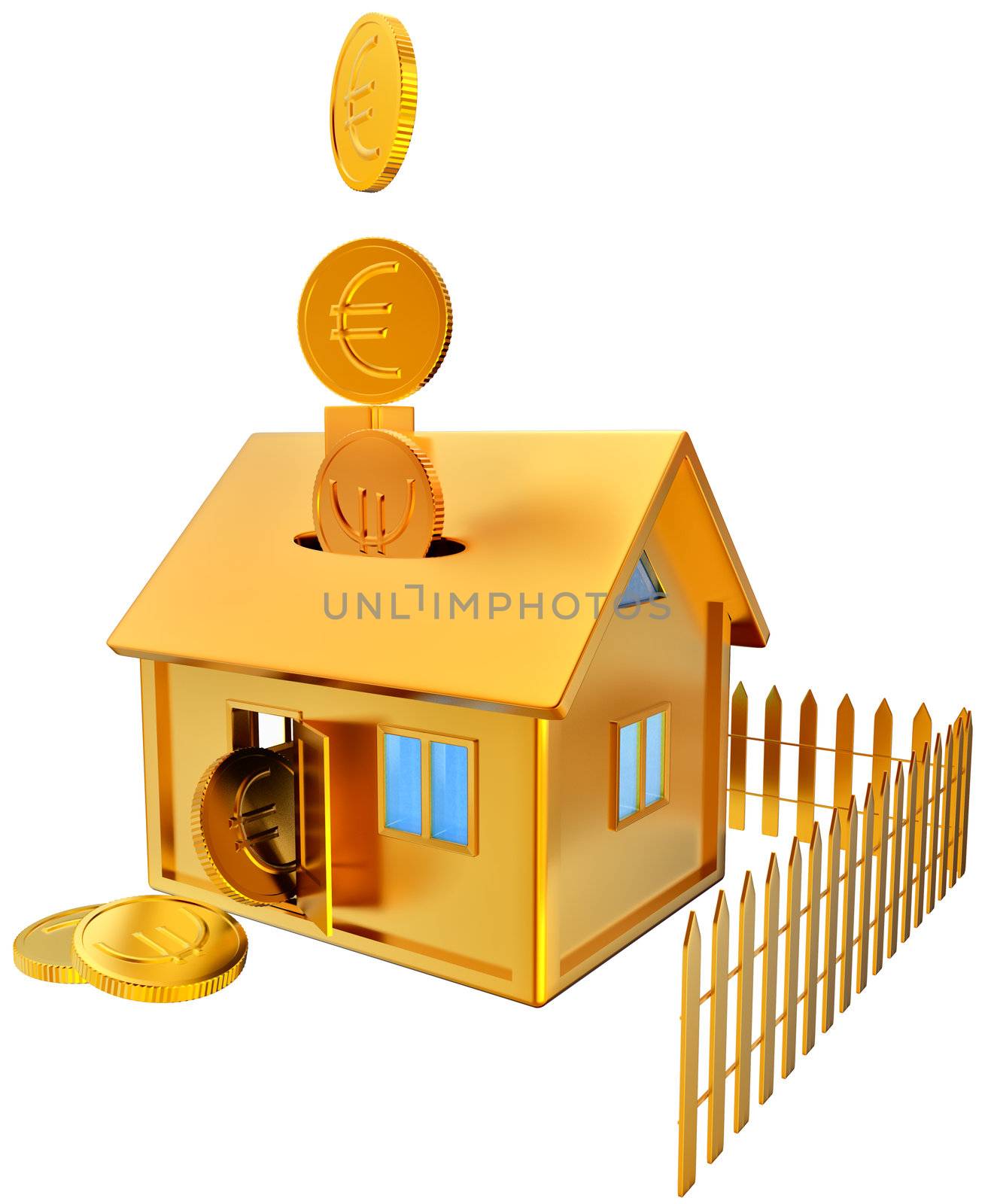 falling down euro coins into a piggy bank in the form of a gilded house as a symbol of the accumulation