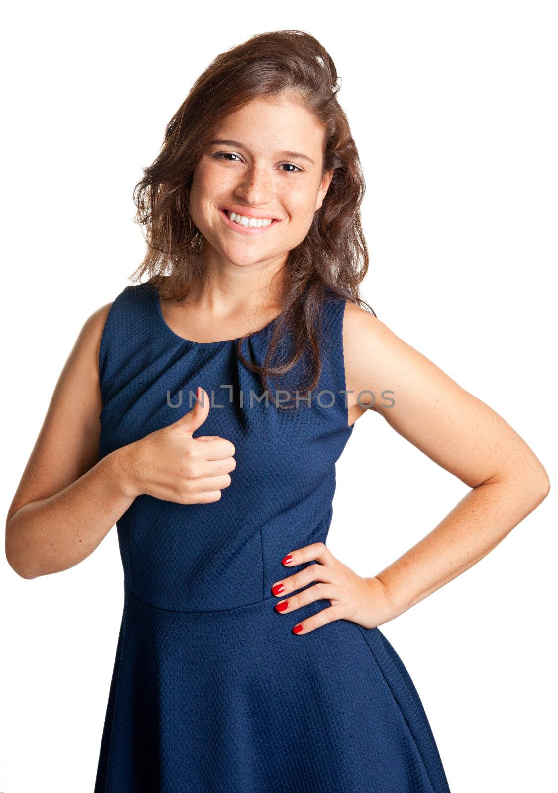 Attractive young woman giving the thumbs-up, isolated on a white background