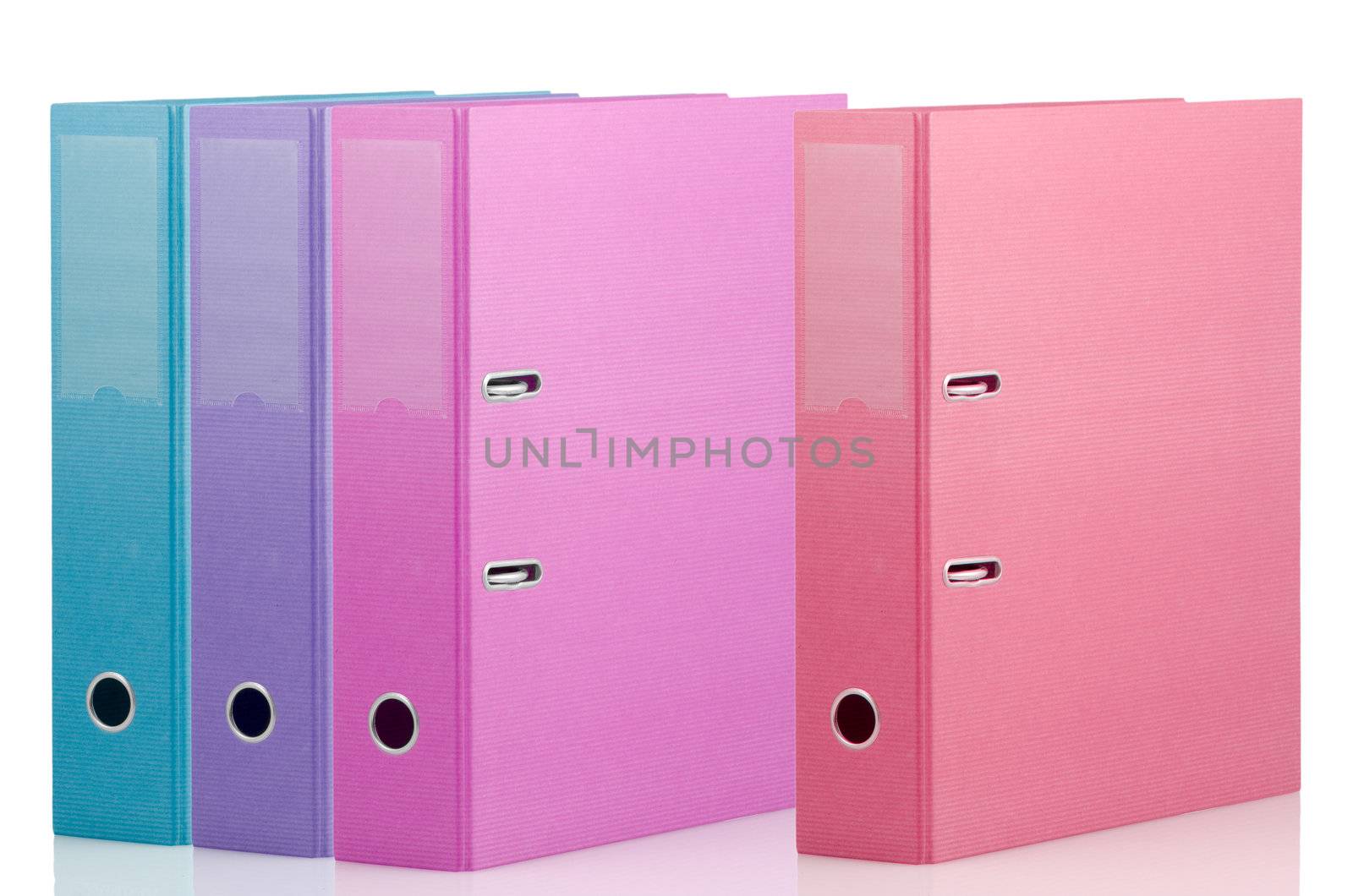 Four different color binders on white background.
