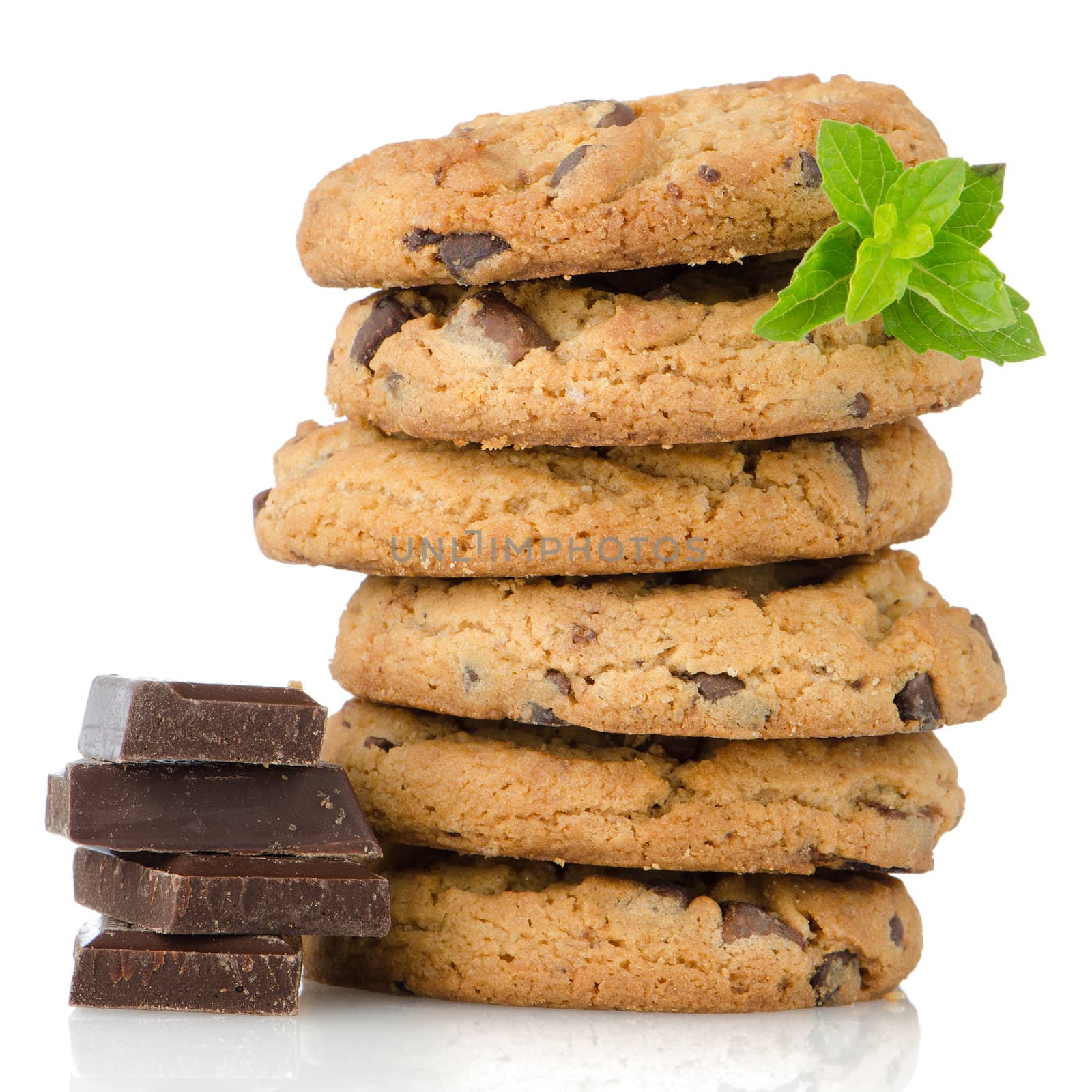 Chocolate chip cookies with chocolate parts isolated on white background.