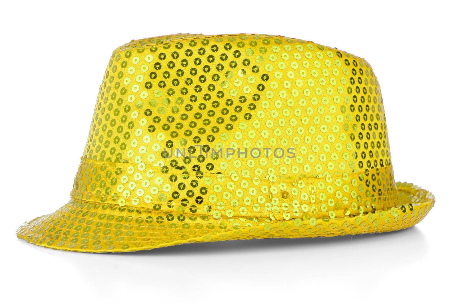 Bright paillette hat on white background.