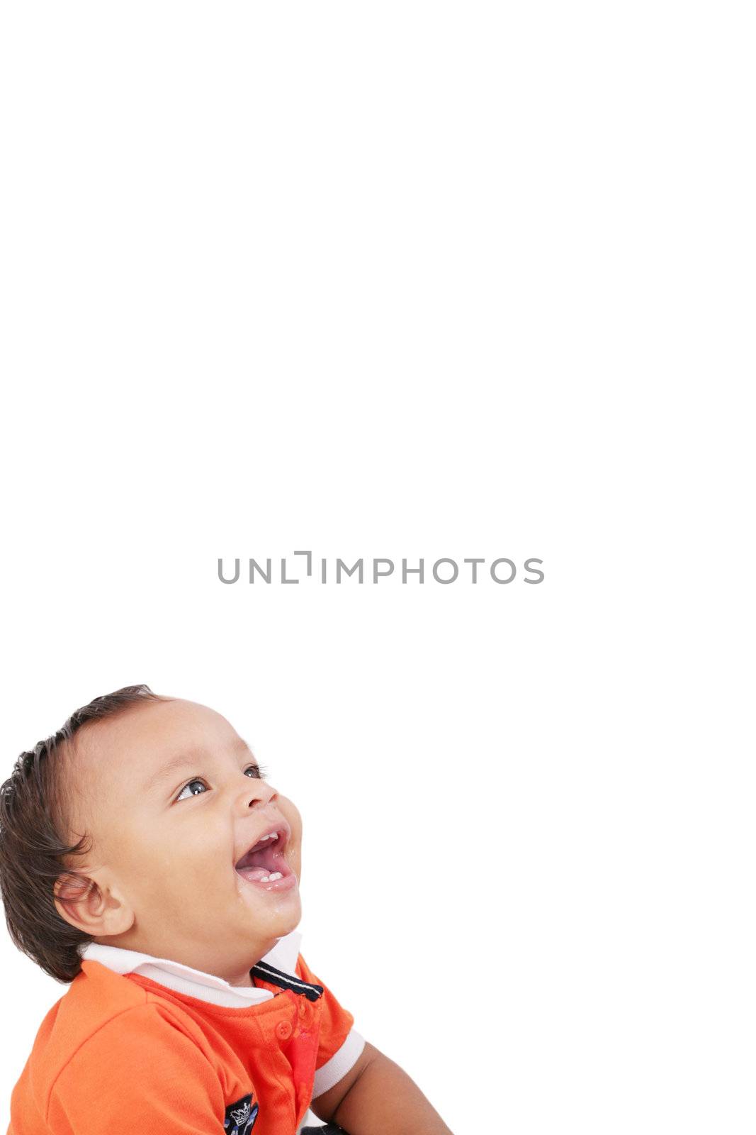 Hispanic baby boy sit on floor kaughing portrait on isolated whi by dacasdo