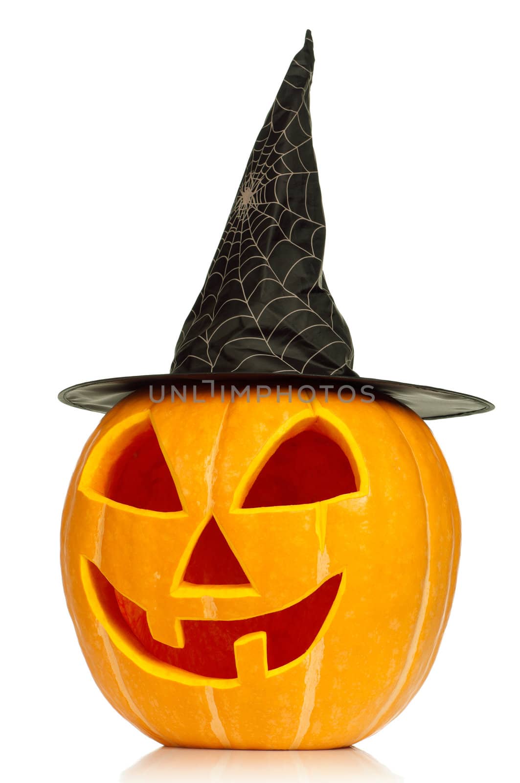 Funny Halloween pumpkin with black hat isolated on white background