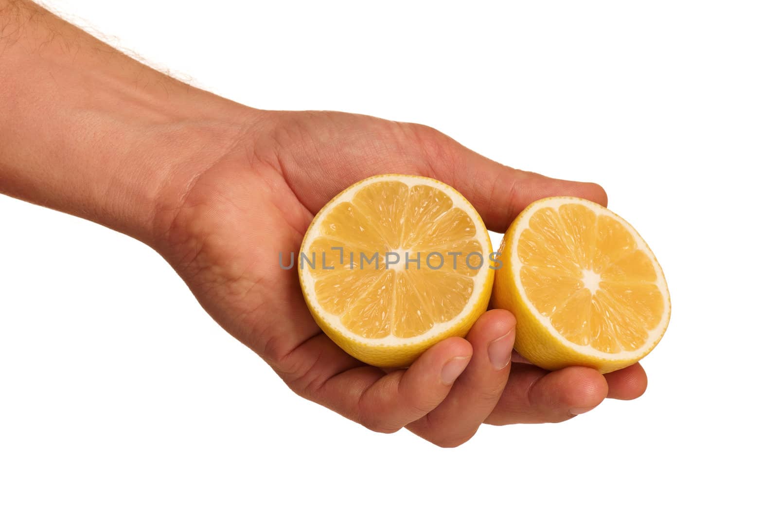 Man hand with fresh lemon isolated on white background