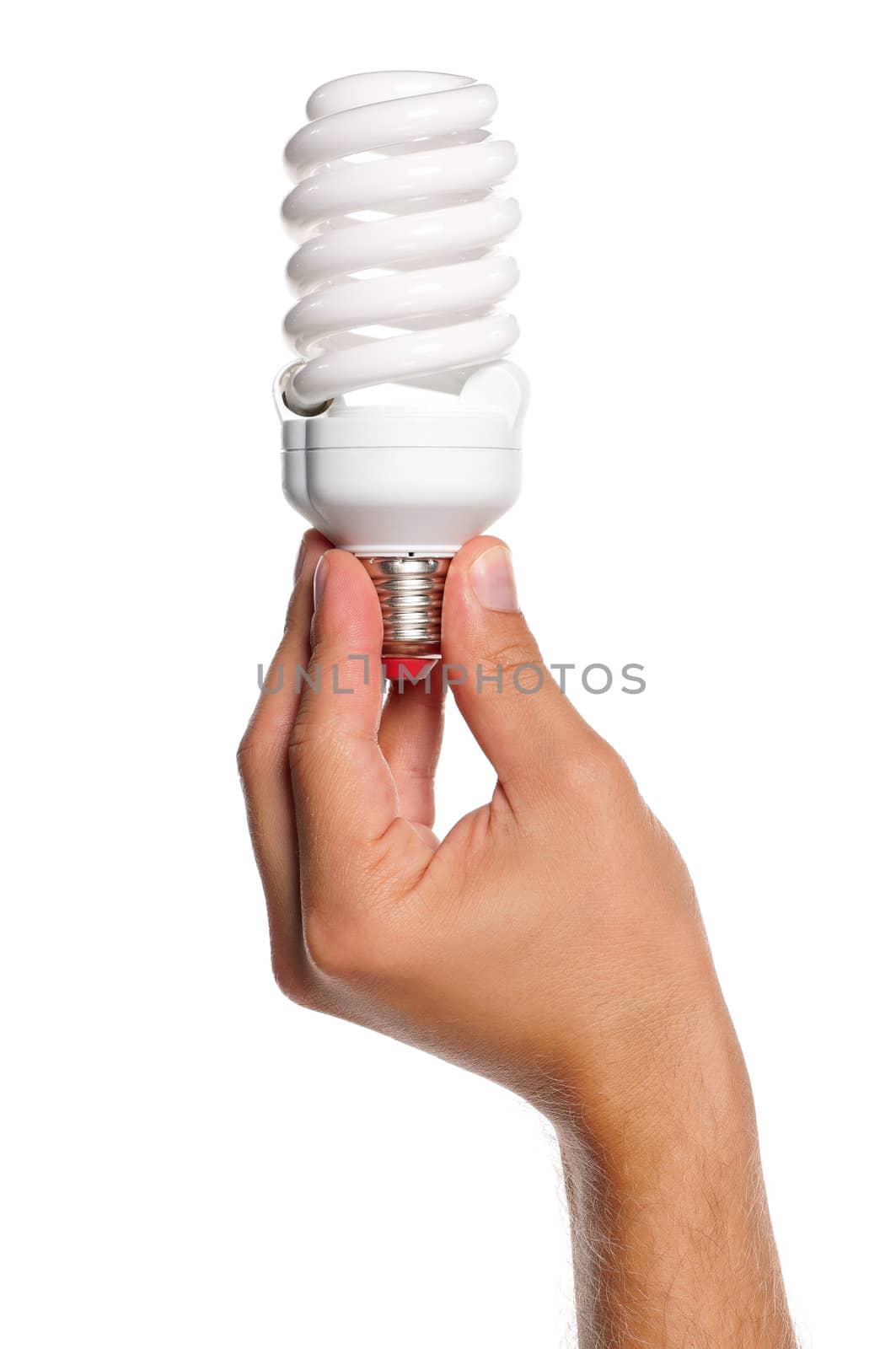 Man holding an small two light bulbs isolated on white background