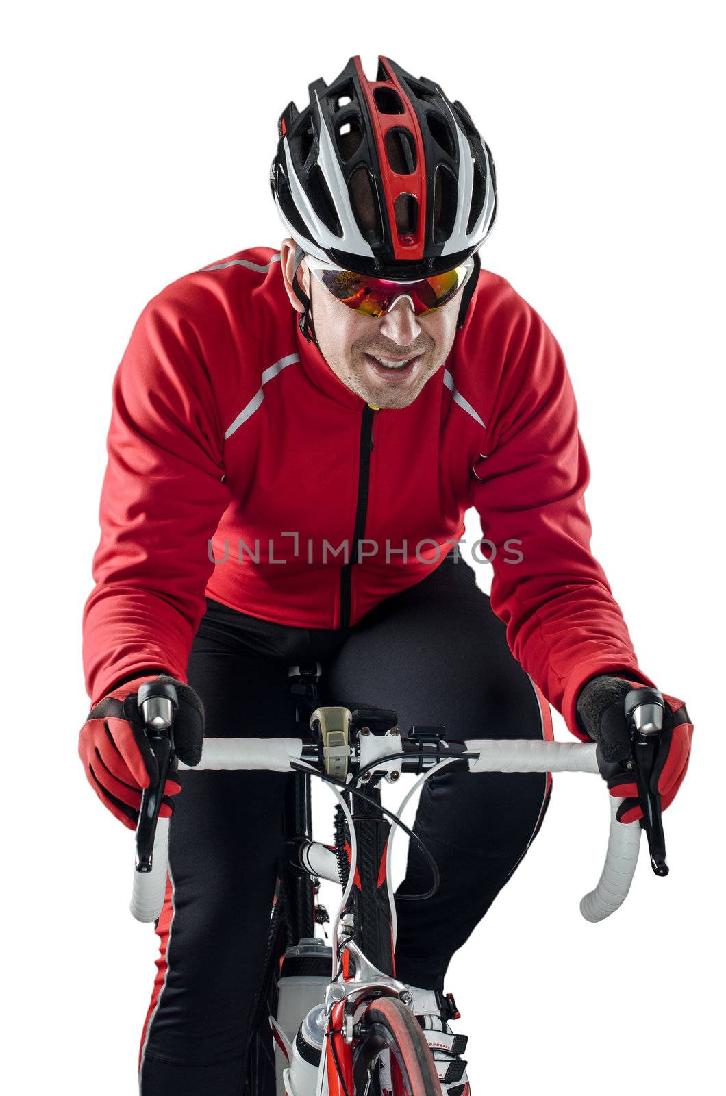 Cyclist riding a bike isolated on white background.