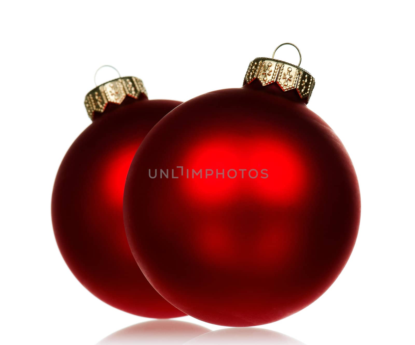 Big red baubles for christmas firtree on white background