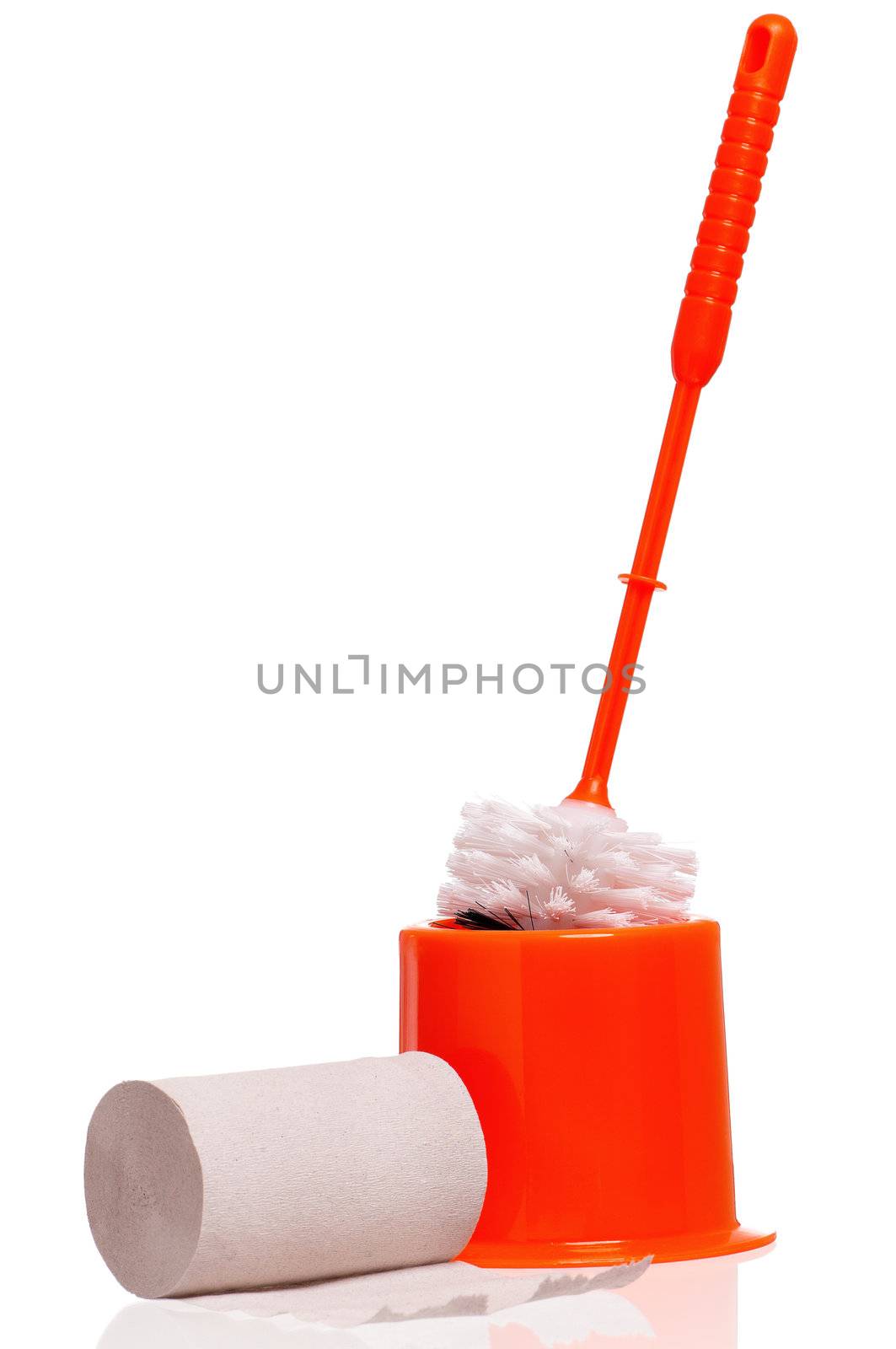 Plastic orange toilet brush and paper isolated on white background