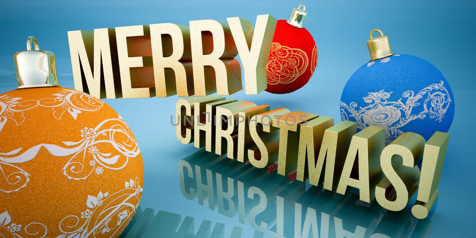 Merry Christmas greeting card, blue winter background, Christmas balls, sparkling words