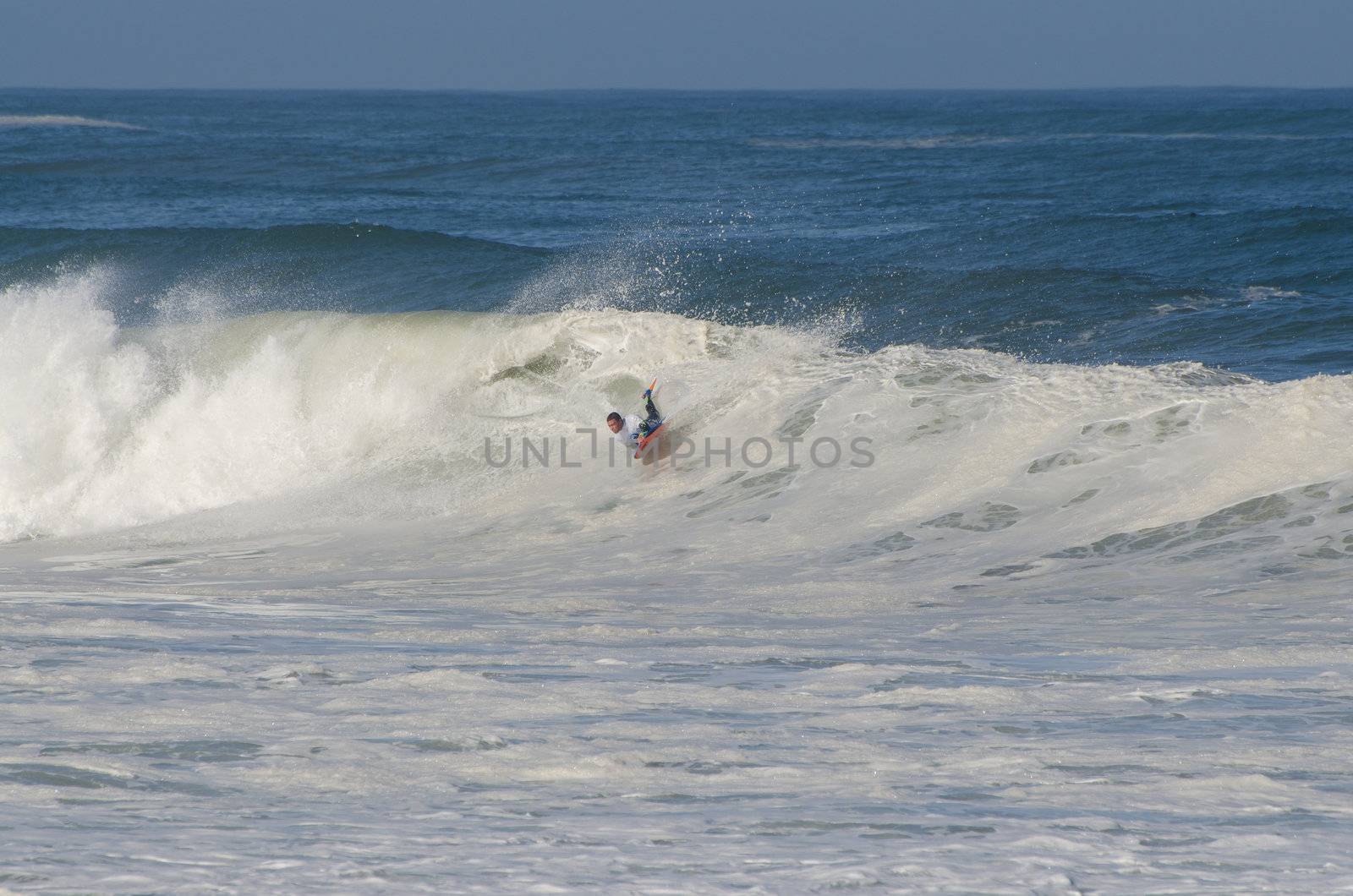 OVAR, PORTUGAL - AUGUST 16: Unidentified surfer at 1st Stage of the National Open Bodyboard Championship on august 16, 2012 in Ovar, Portugal.