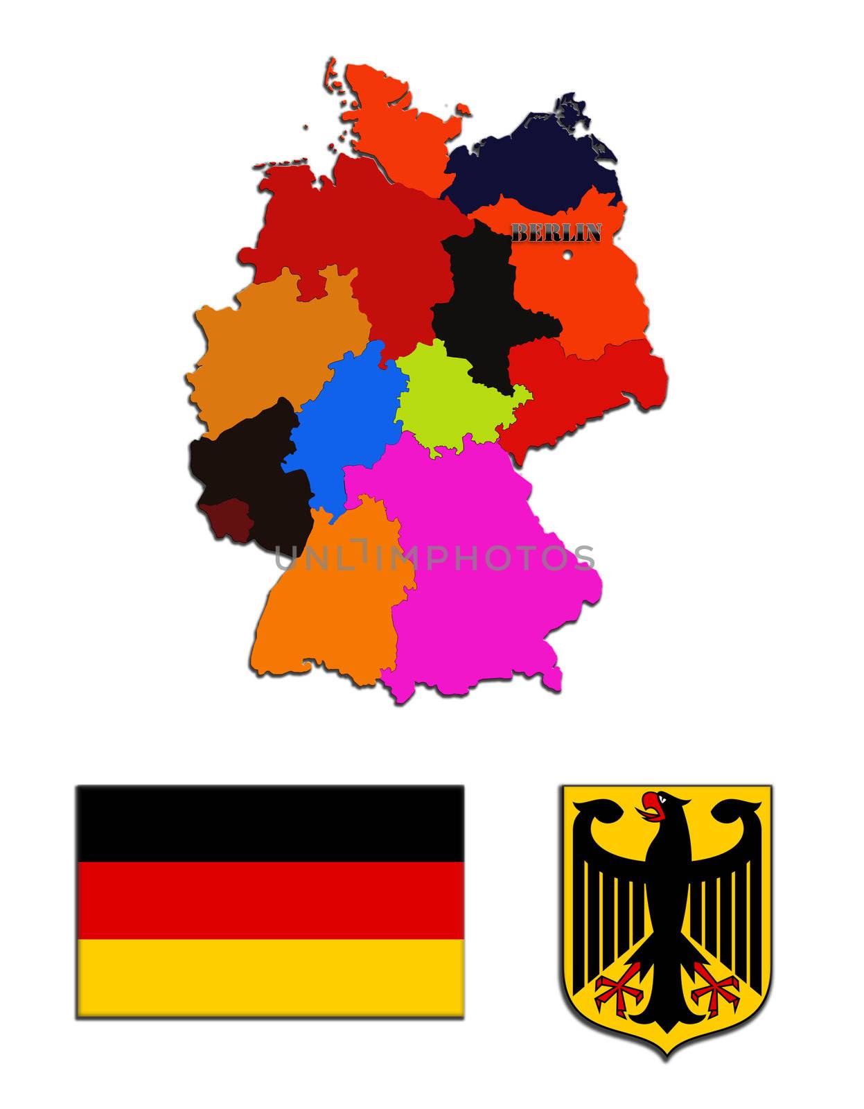 Coloured map, flag and herb of Germany