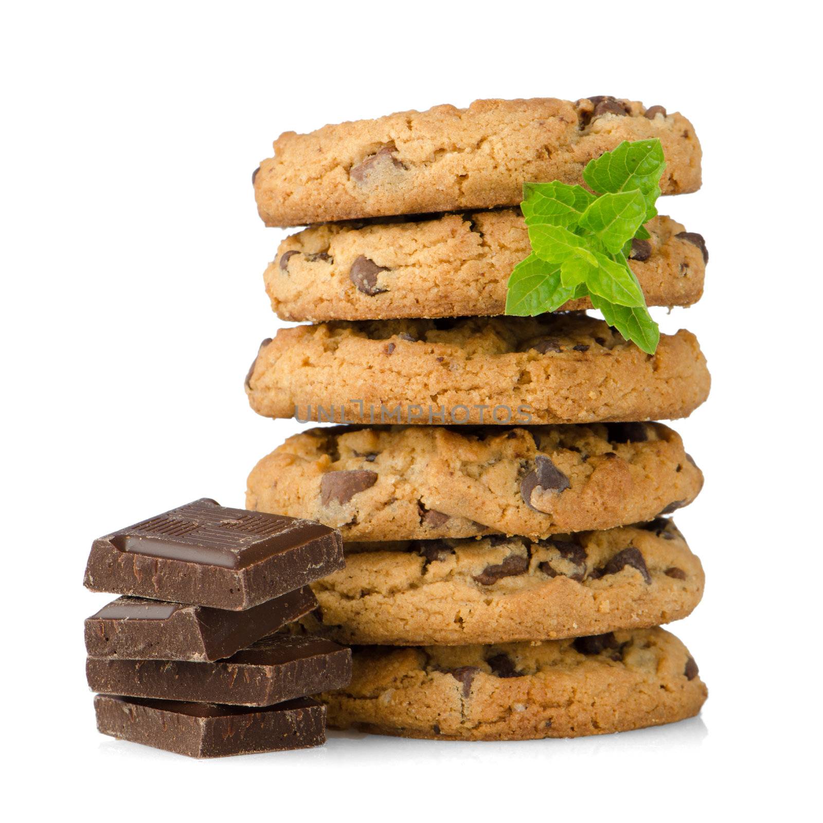 Chocolate chip cookies with chocolate parts isolated on white background.