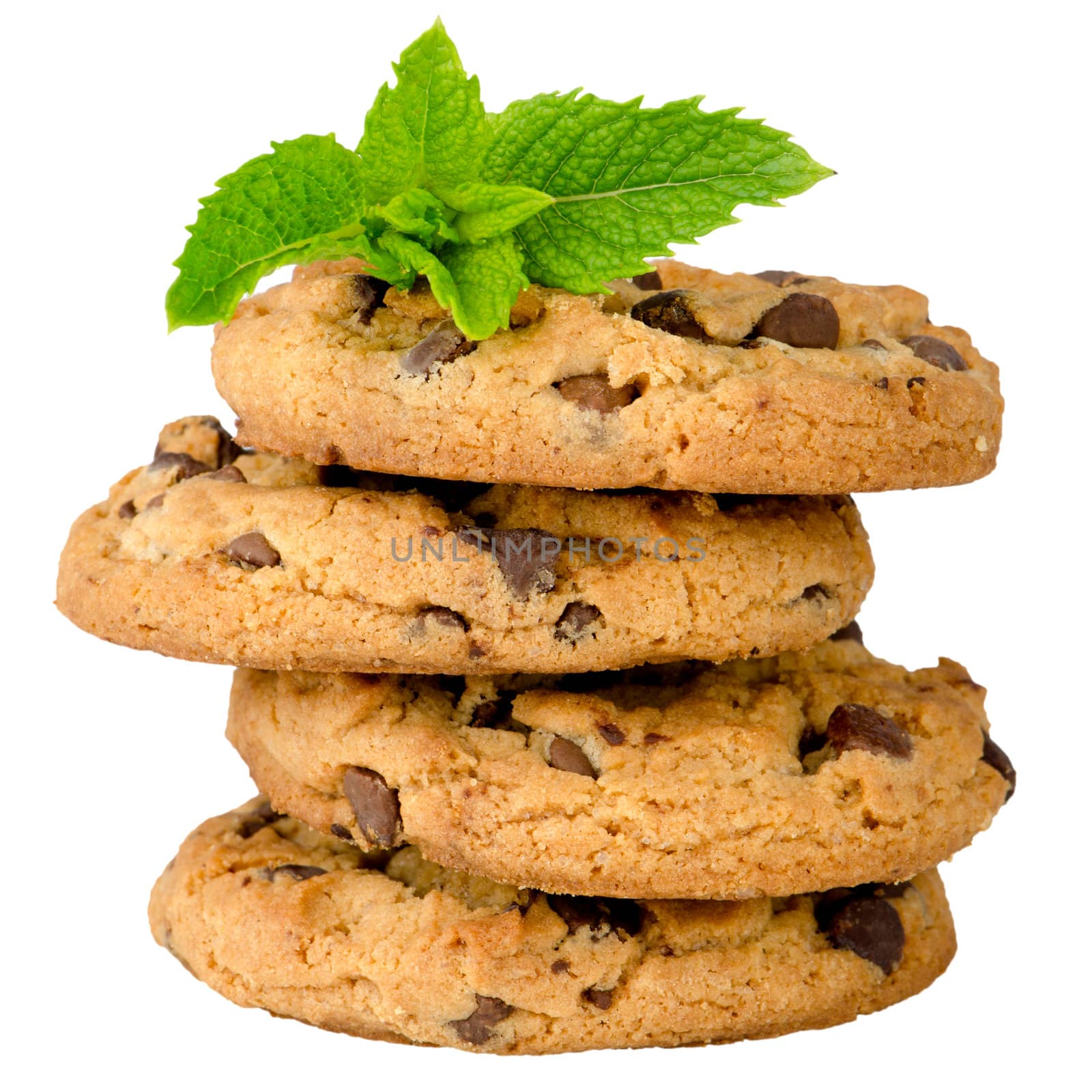 Chocolate cookies with mint leaves isolated on white background.