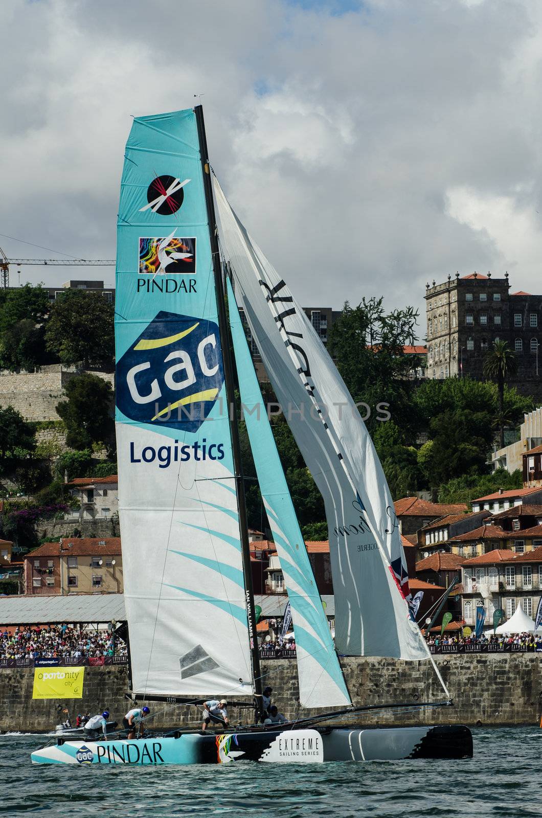 PORTO, PORTUGAL - JULY 07: GAC Pindar compete in the Extreme Sailing Series boat race on july 07, 2012 in Porto, Portugal.