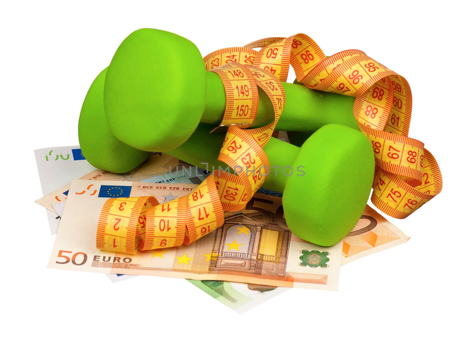 Dumbbells with measure tape on heap of euro isolated on a white background