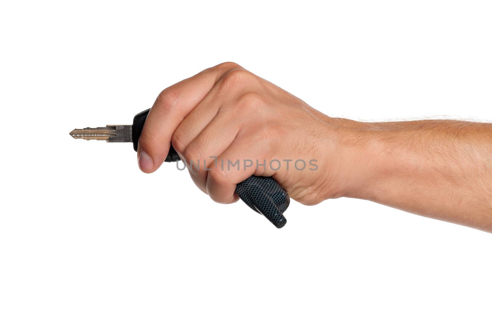 Man hand holds out key to the car isolated on white background