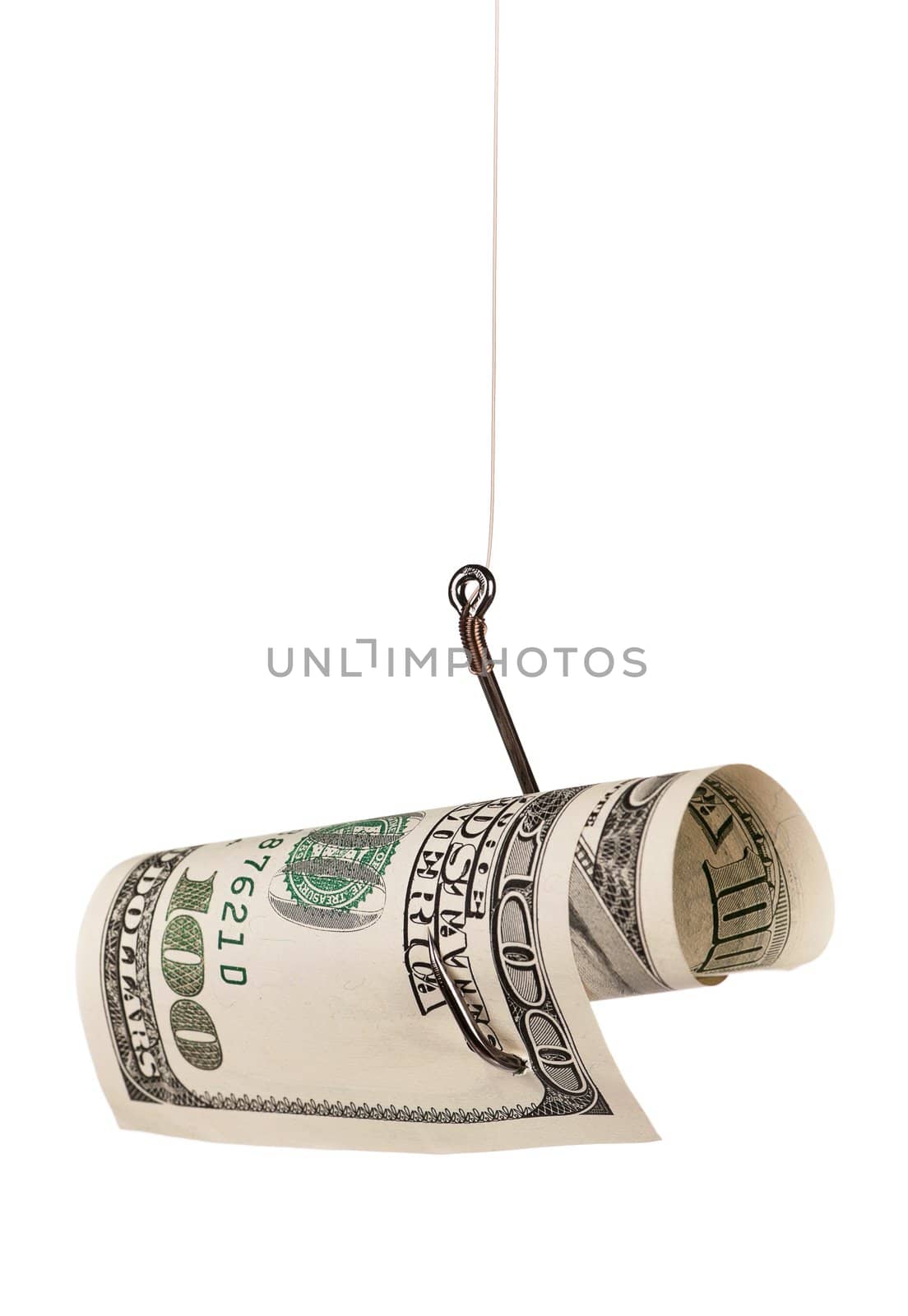 Fish hook with dollars isolated on white background