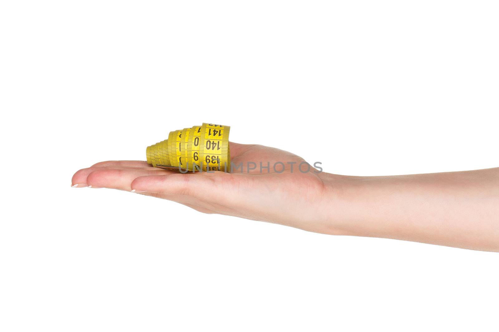 Woman hand with measure tape isolated on white background