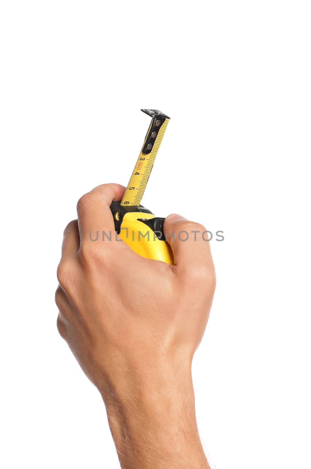 Man hand with tape measure isolated on white background