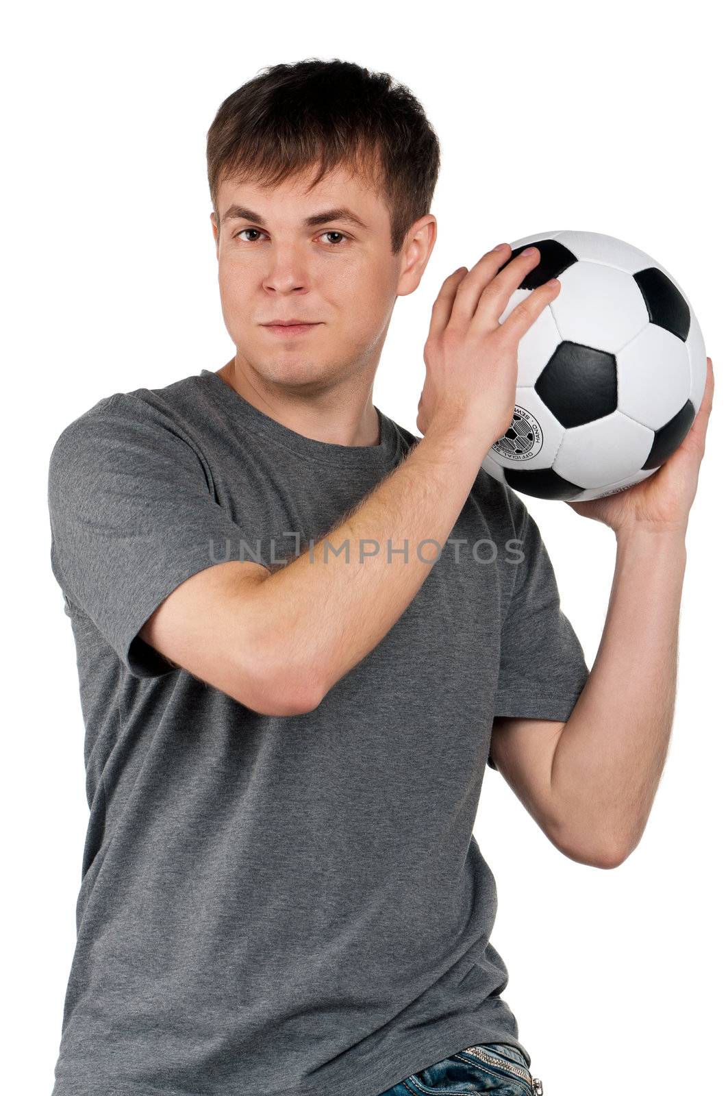 Portrait of a man standing with classic soccer ball on isolated white background