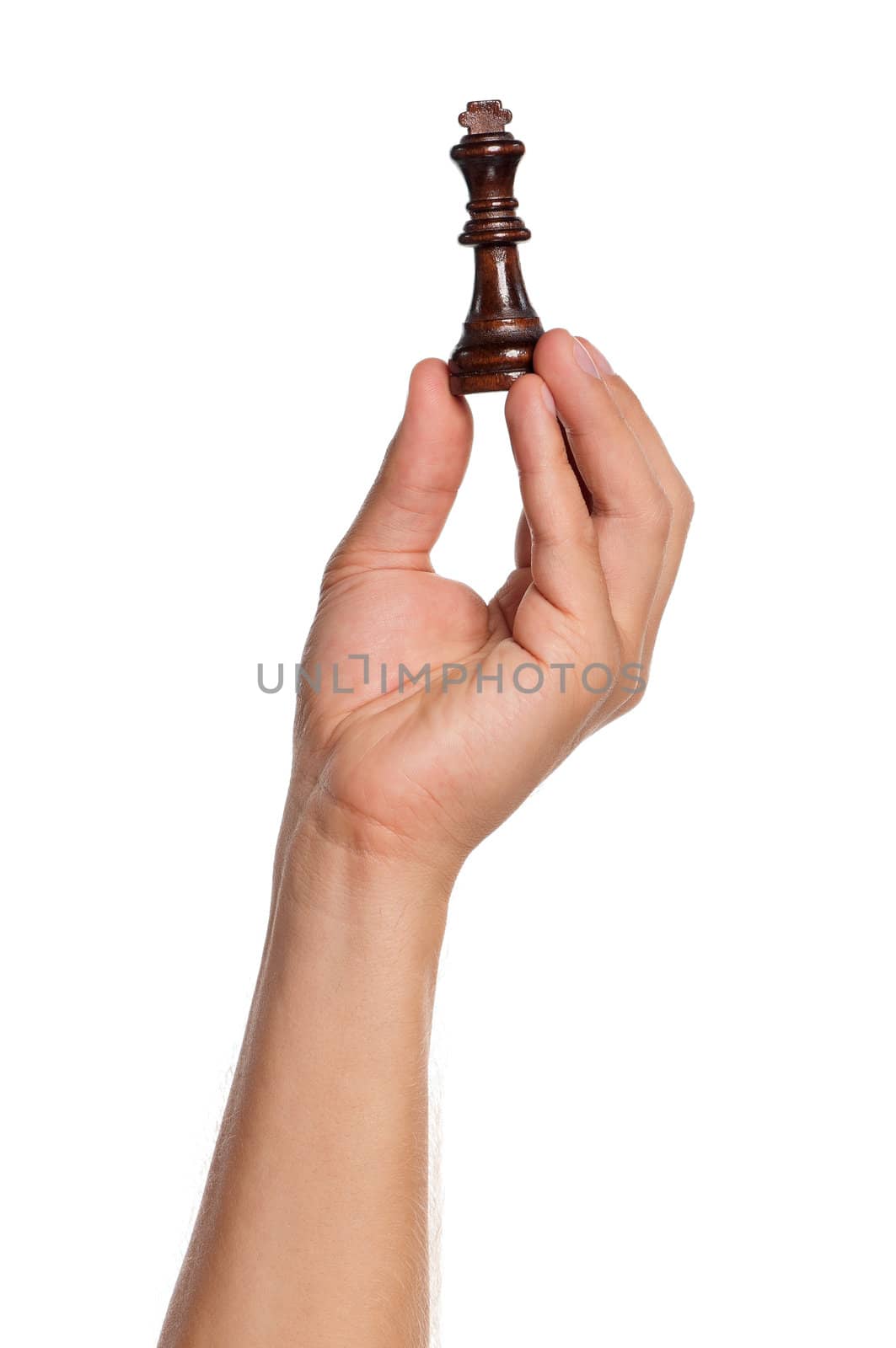 Man hand with figure chess isolated on white background