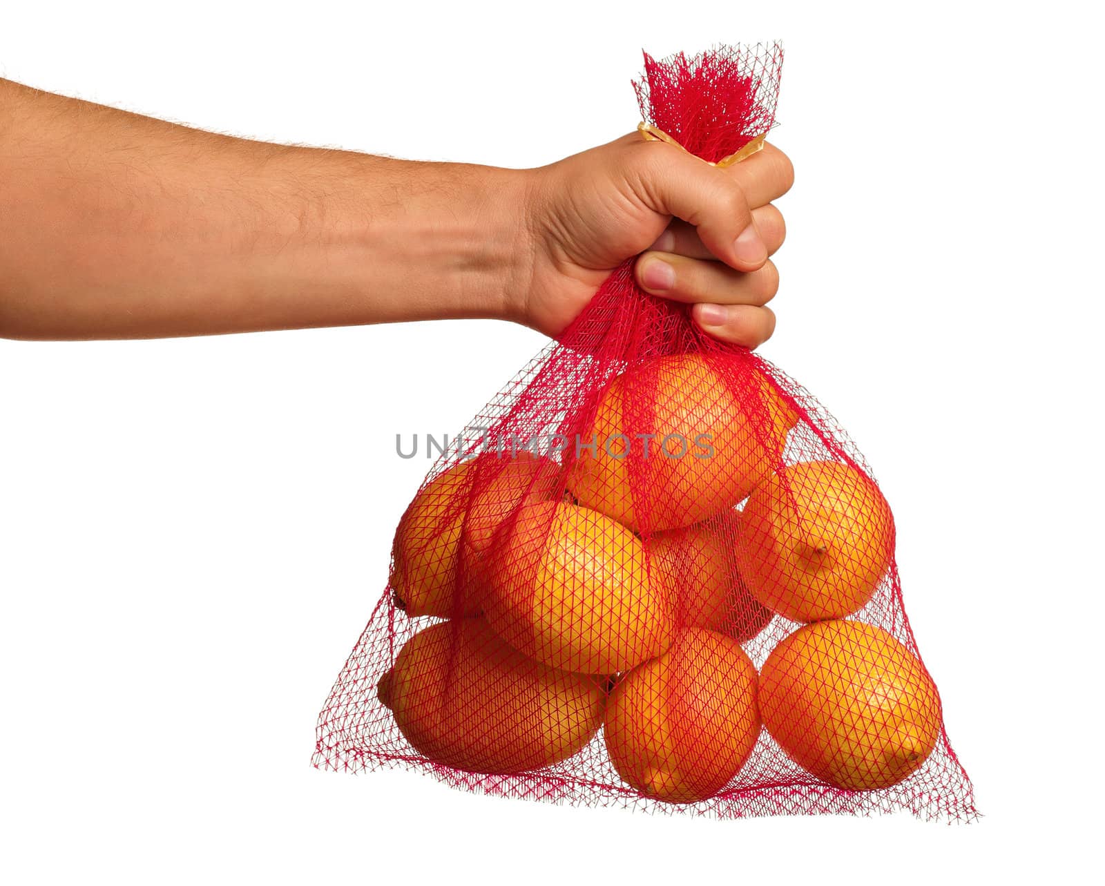 Man hand with net bag of fresh lemons isolated on white background