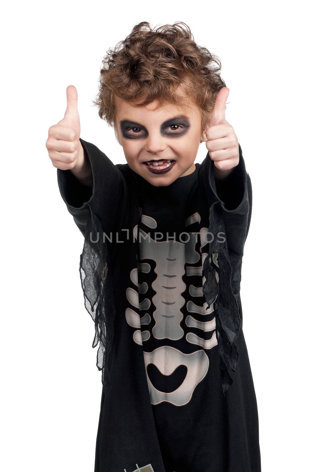 Portrait of little boy wearing halloween costume on white background