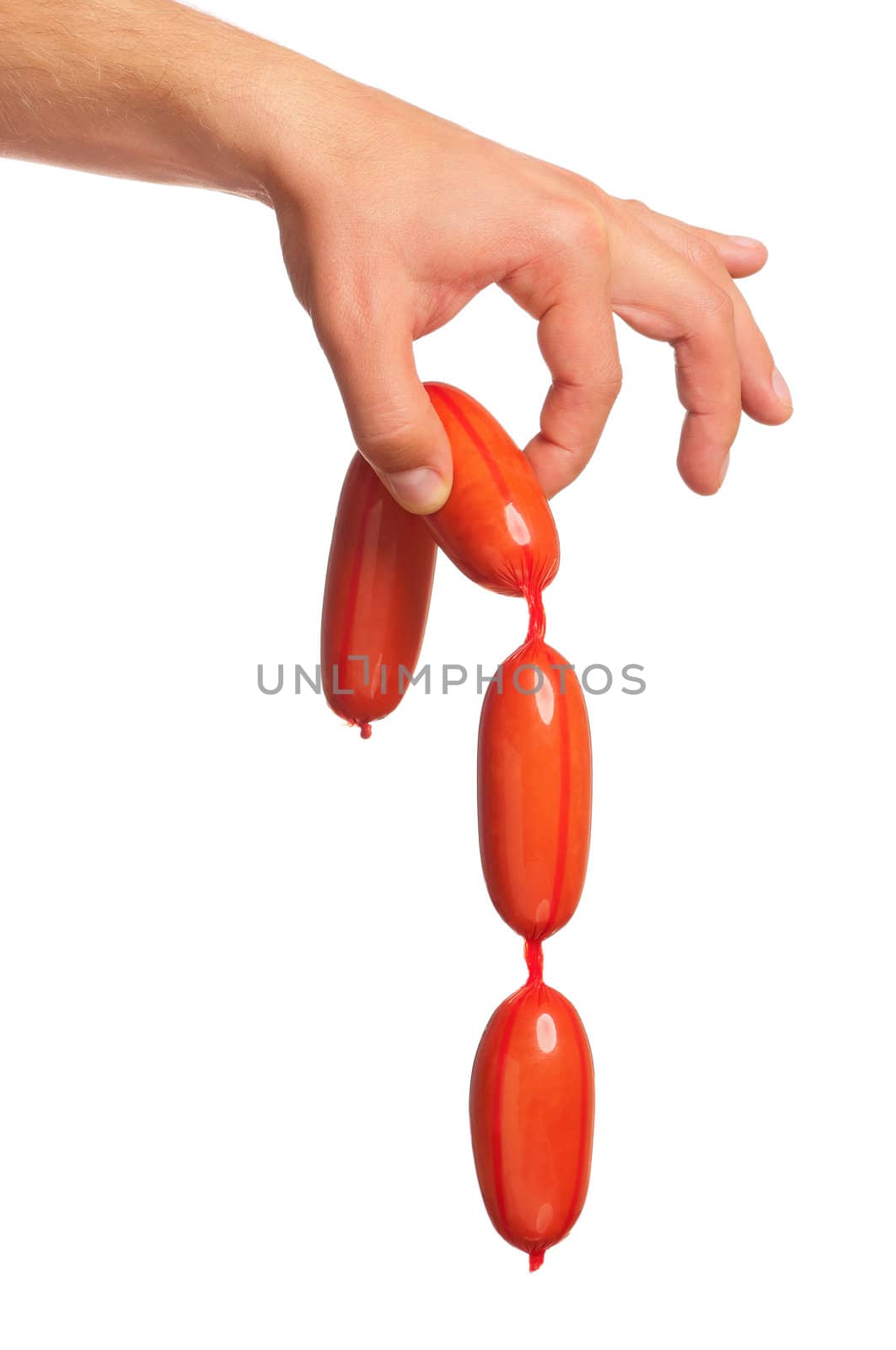 Man hand with sausage isolated on white background