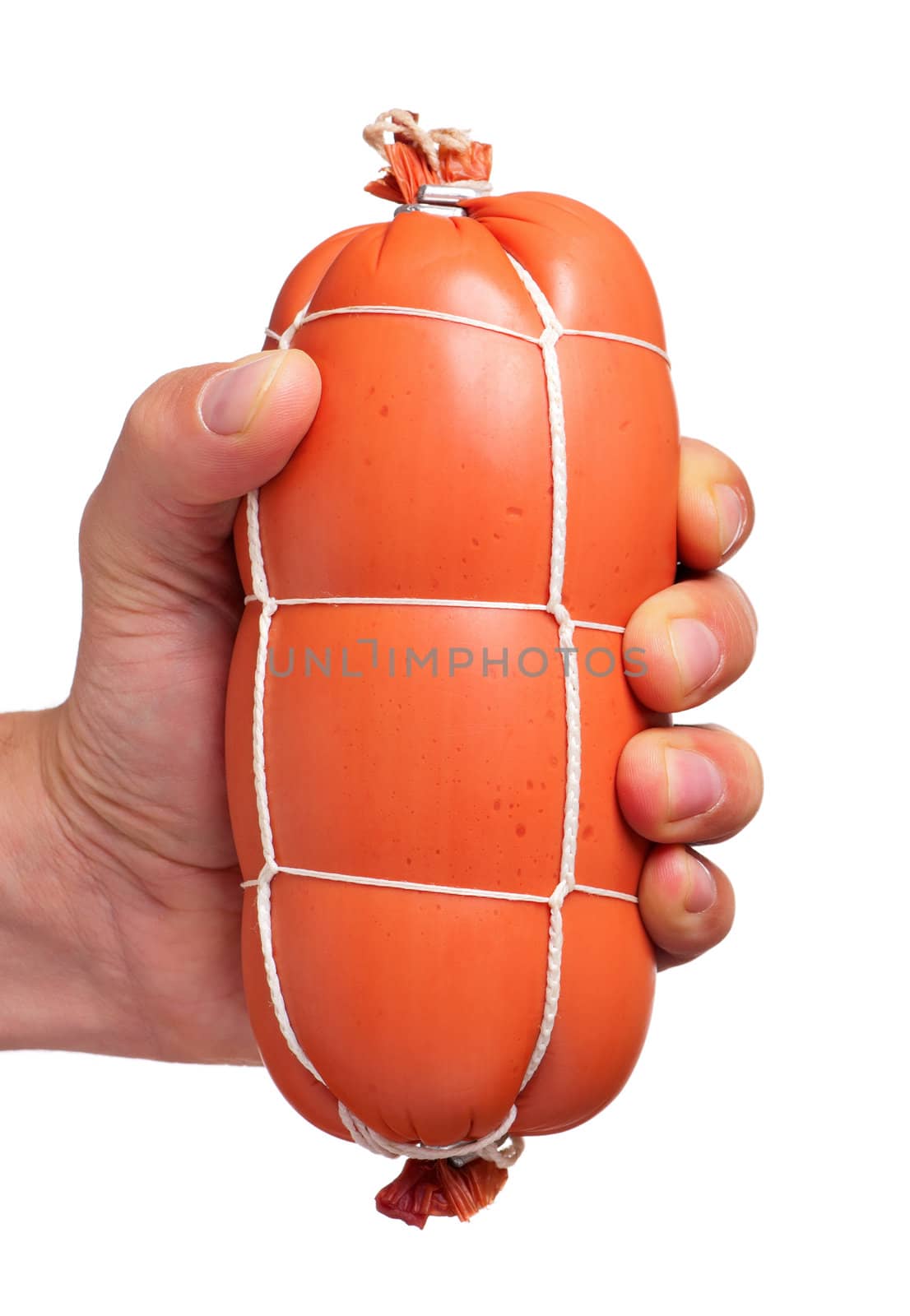 Man hand with sausage isolated on white background