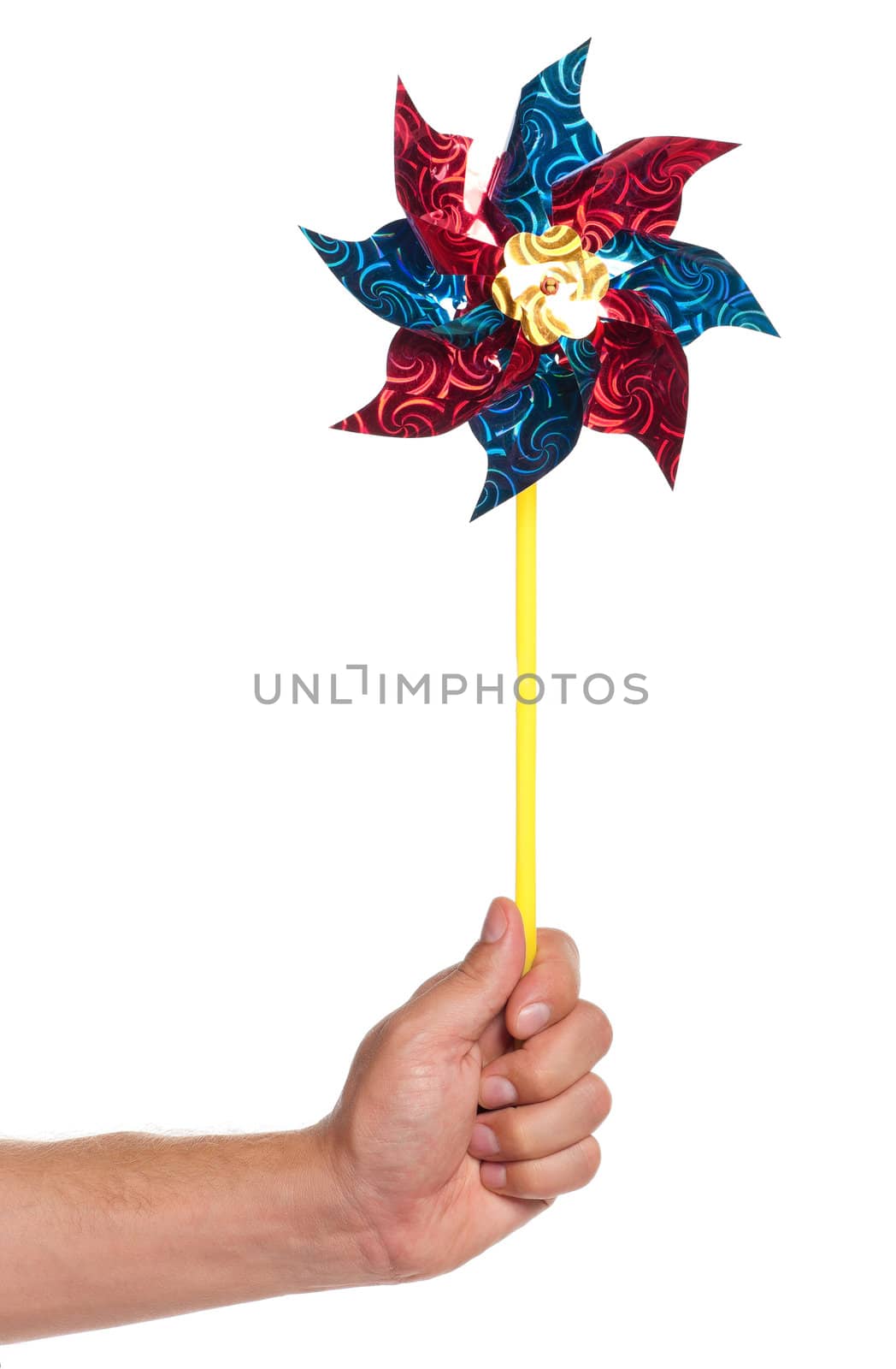 Man hand with colorful weathercock isolated on white background