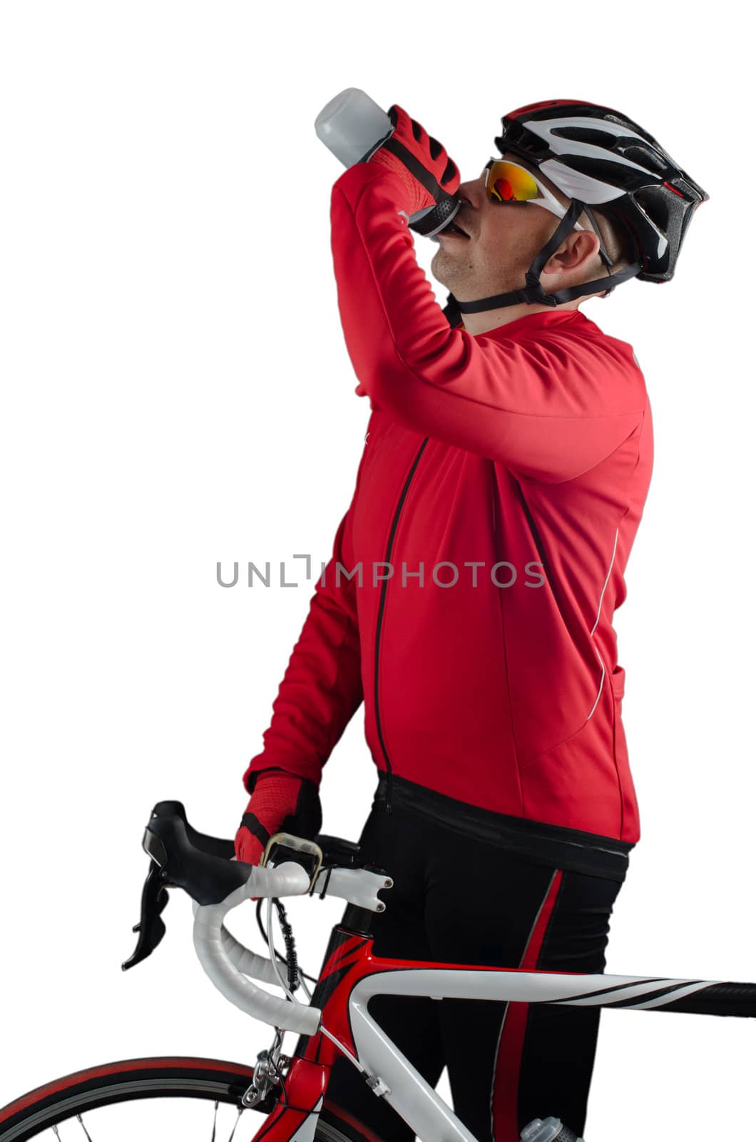 Cyclist drinking water isolated on white background.