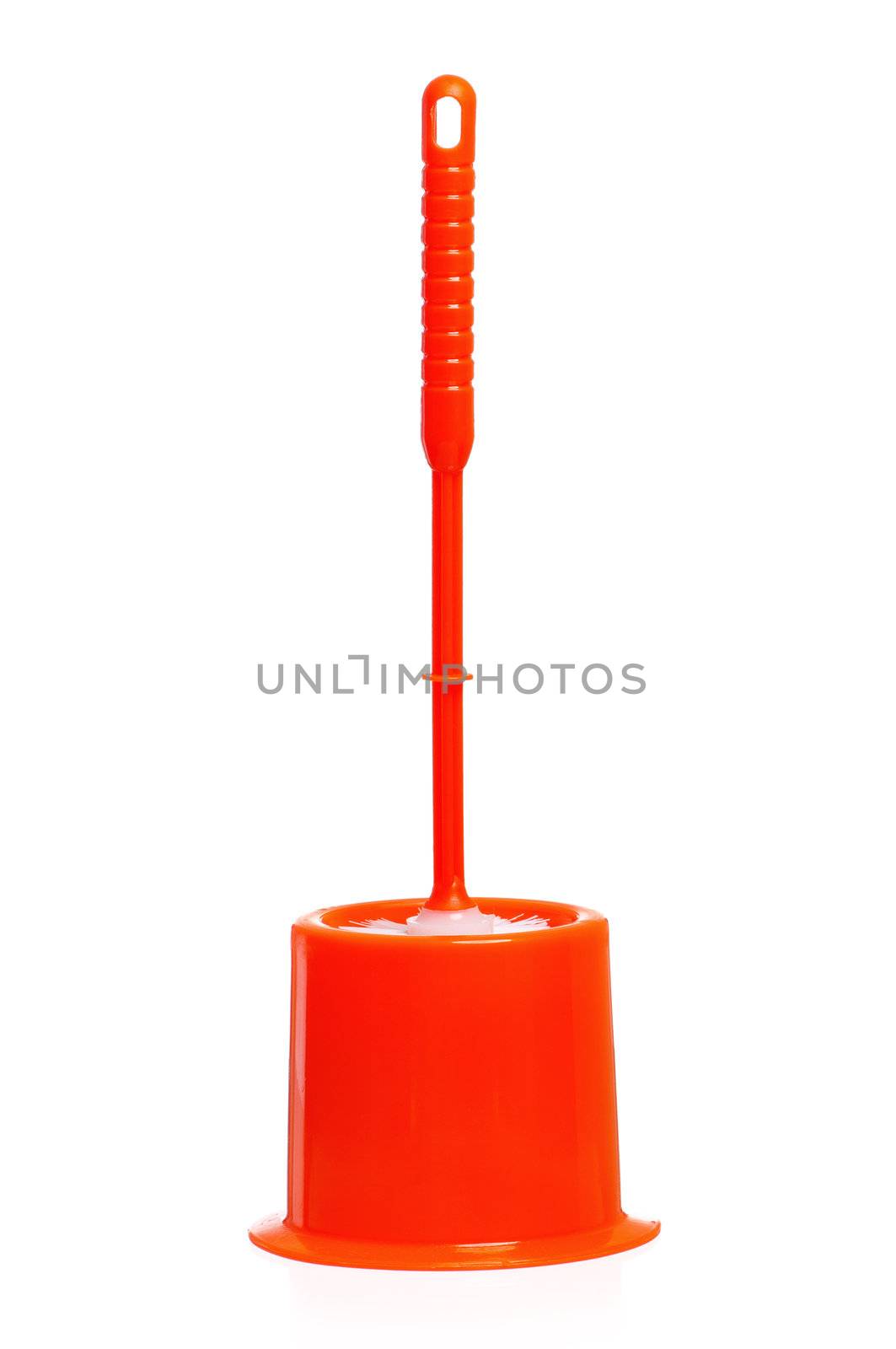 Plastic orange toilet brush isolated on white background