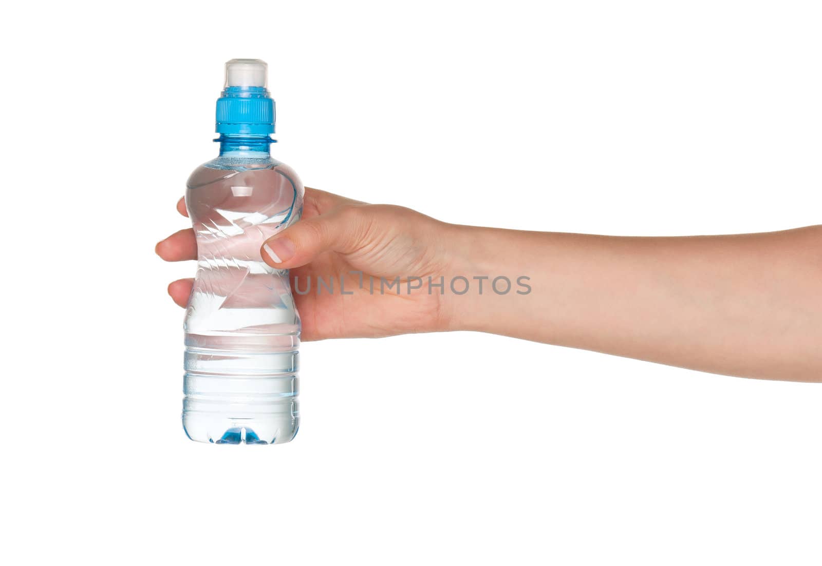 Woman hand with bottle of water isolated on white background