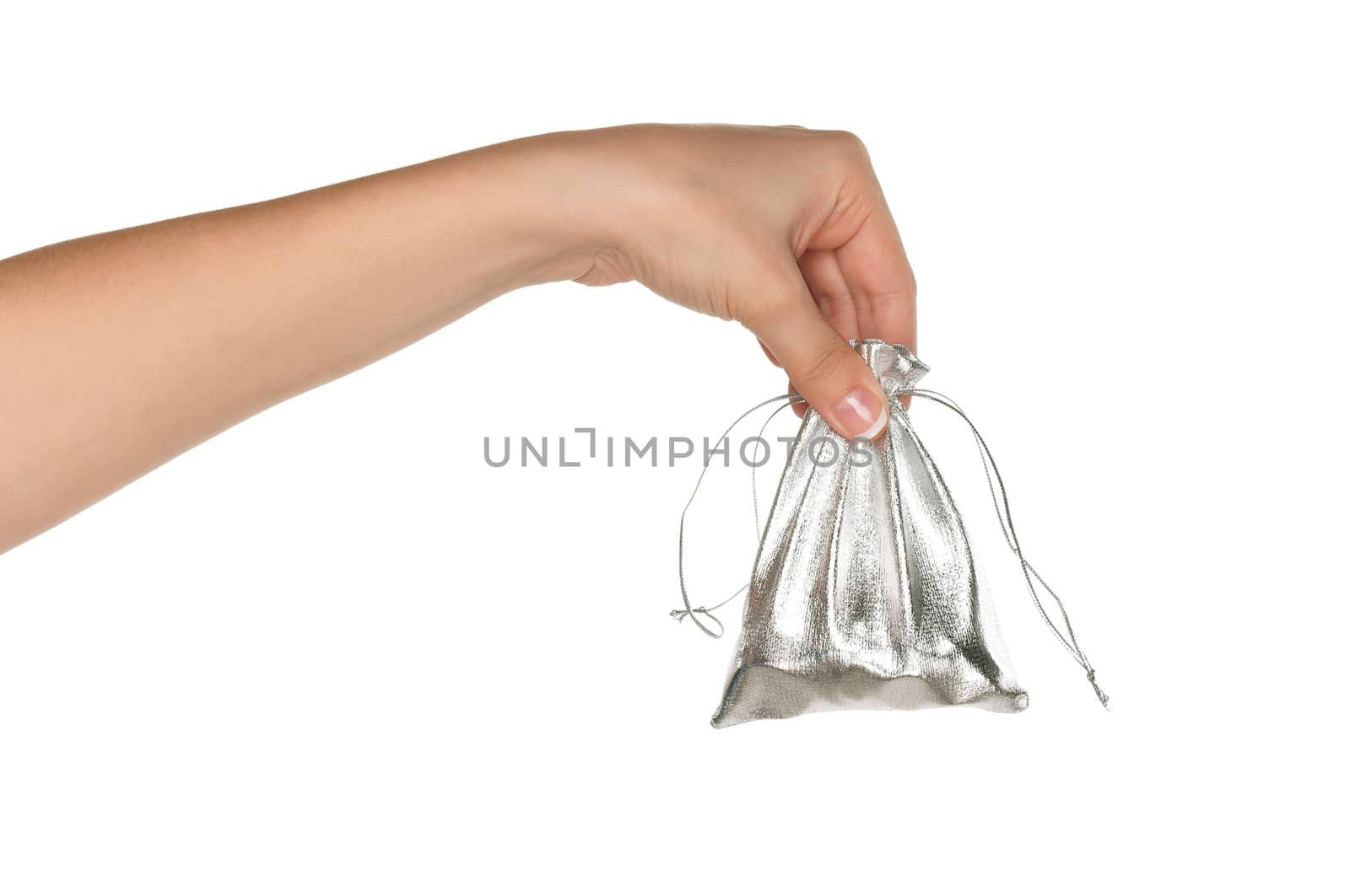 Woman hand with money bag isolated on white background