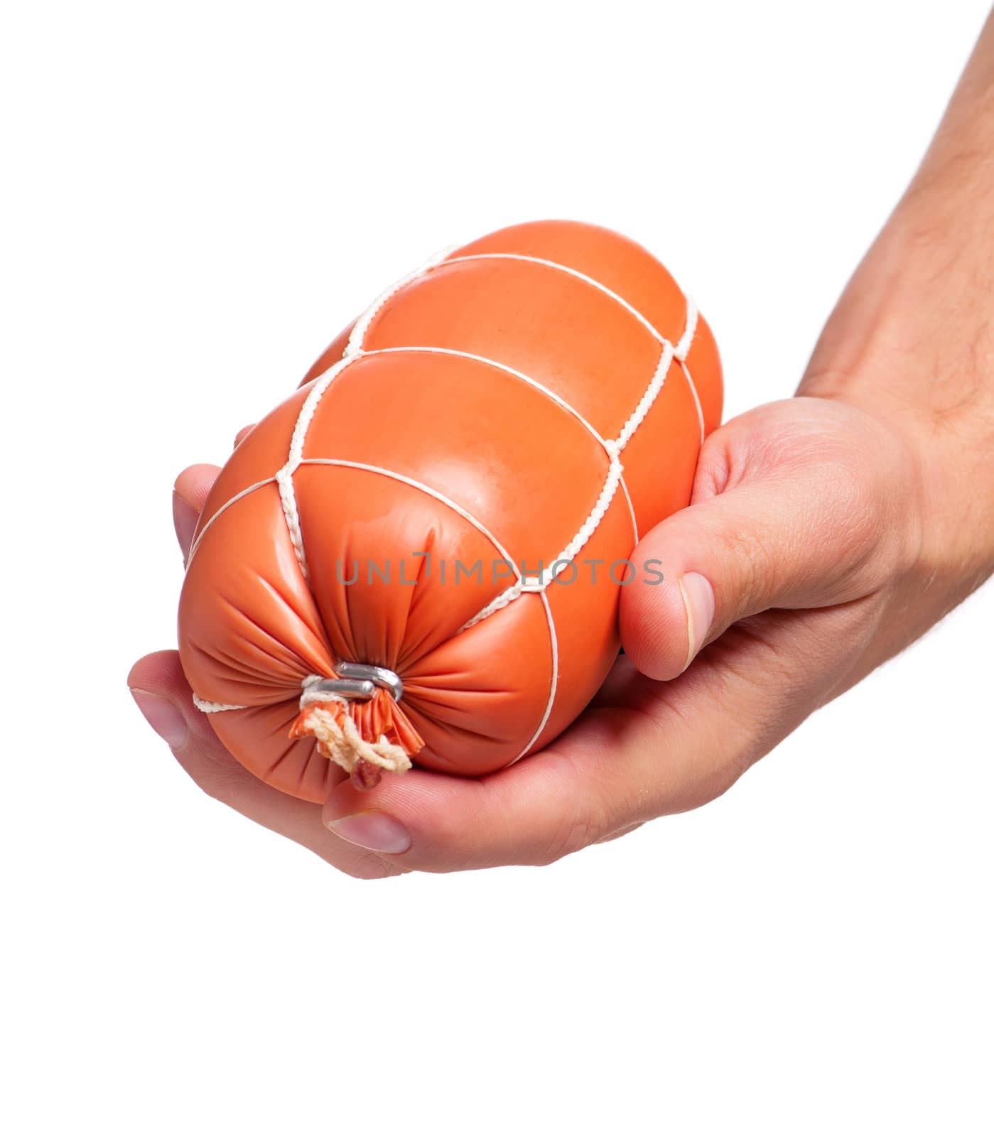 Man hand with sausage isolated on white background