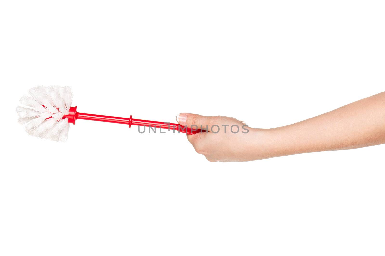 Woman hand with plastic red toilet brush isolated on white background