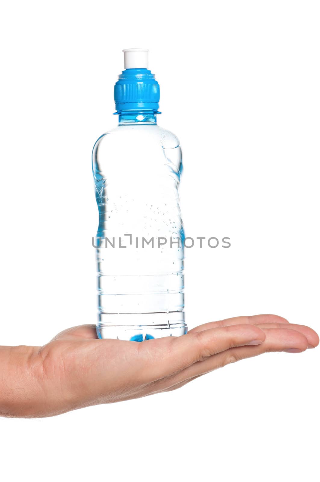Man holding a bottle of water isolated on white background