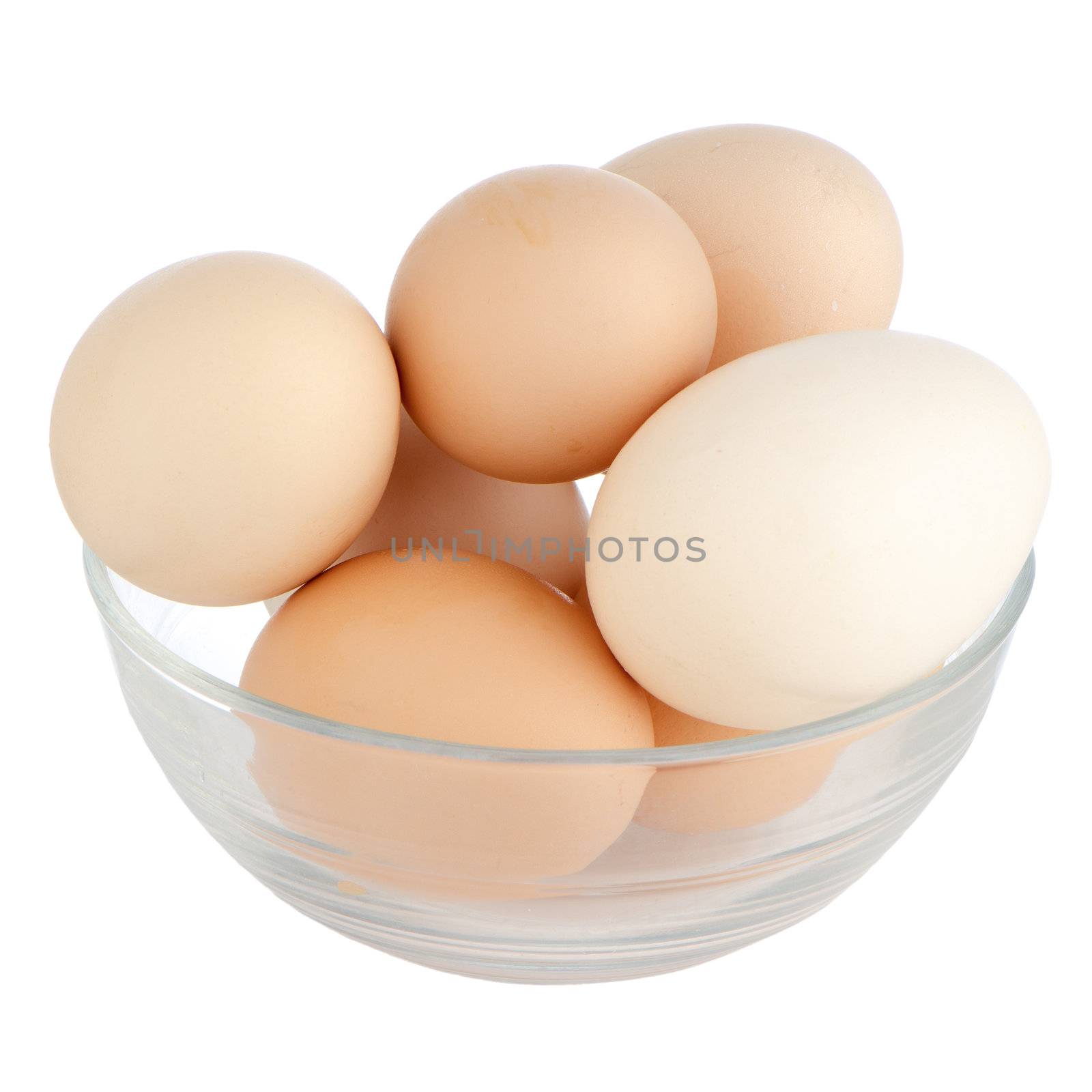 Eggs in glass bowl isolated on the white background.