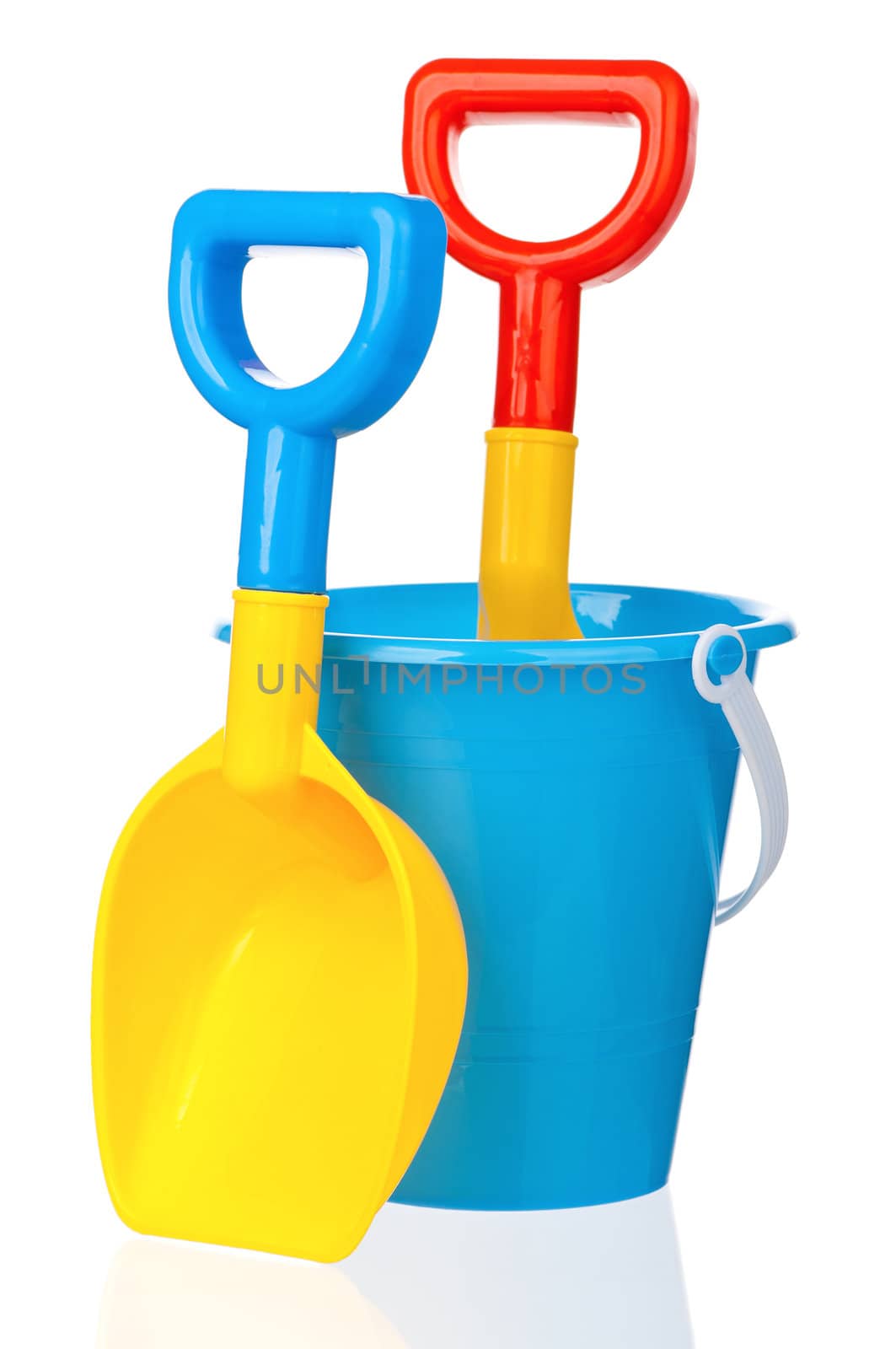 Toy bucket and spade isolated on white background