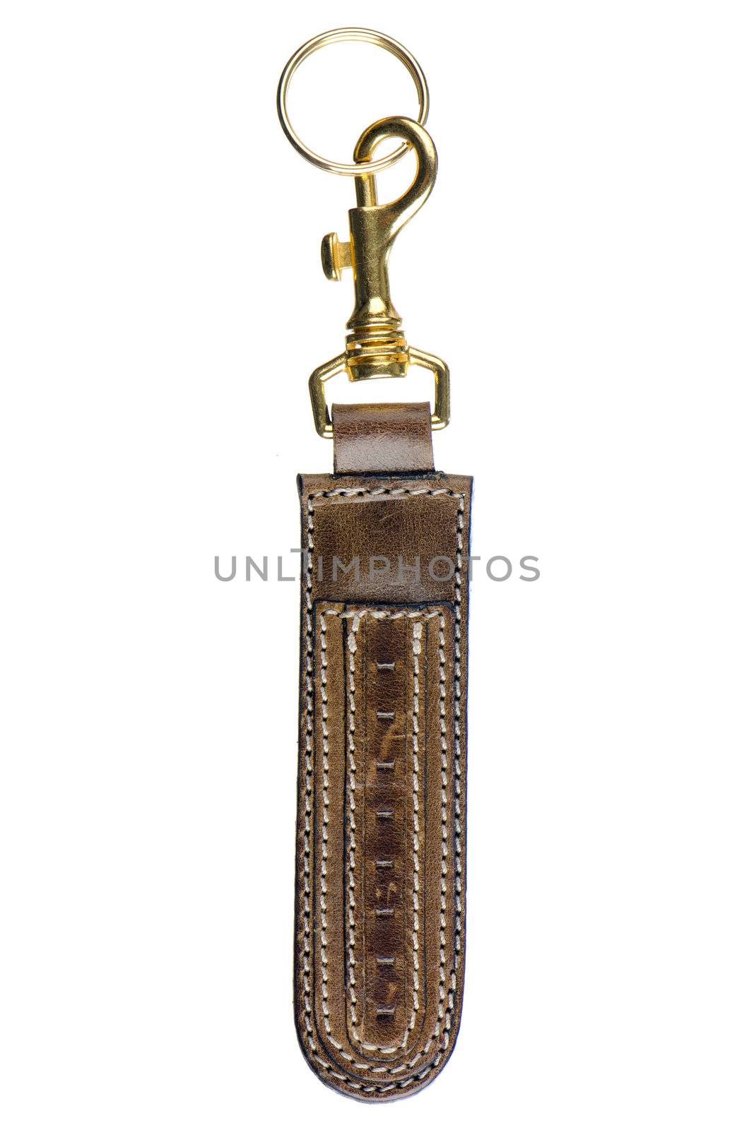 Leather key chain isolated on white background.