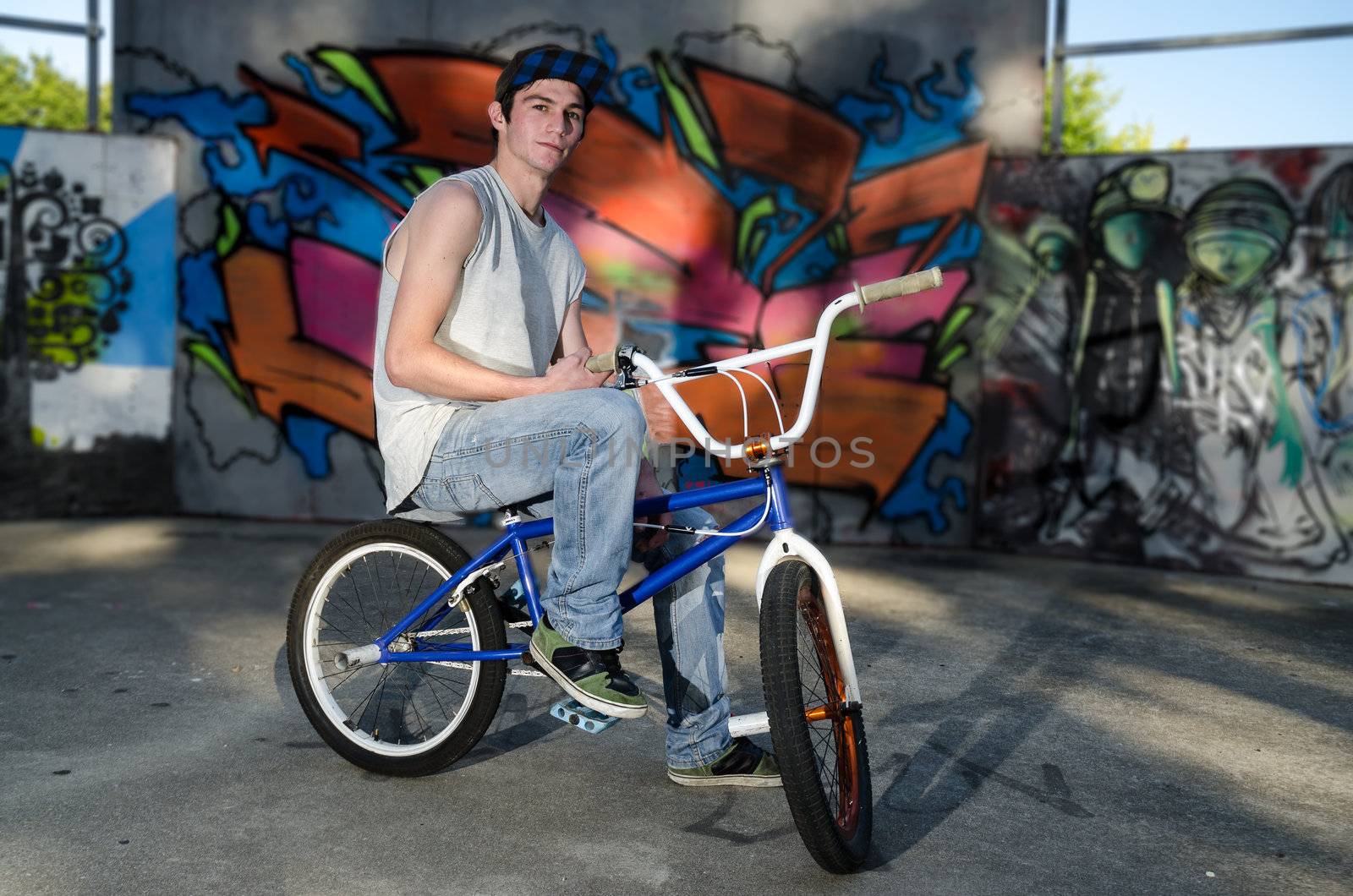 Rider on Bmx on a skate park wall with graffiti.