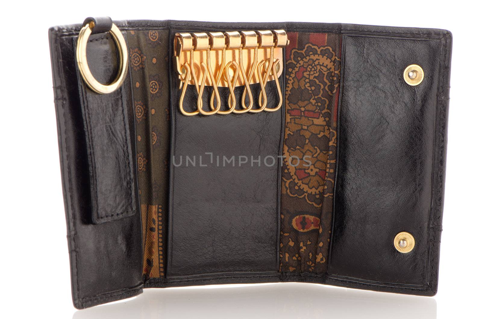 Leather key chain isolated on white background.