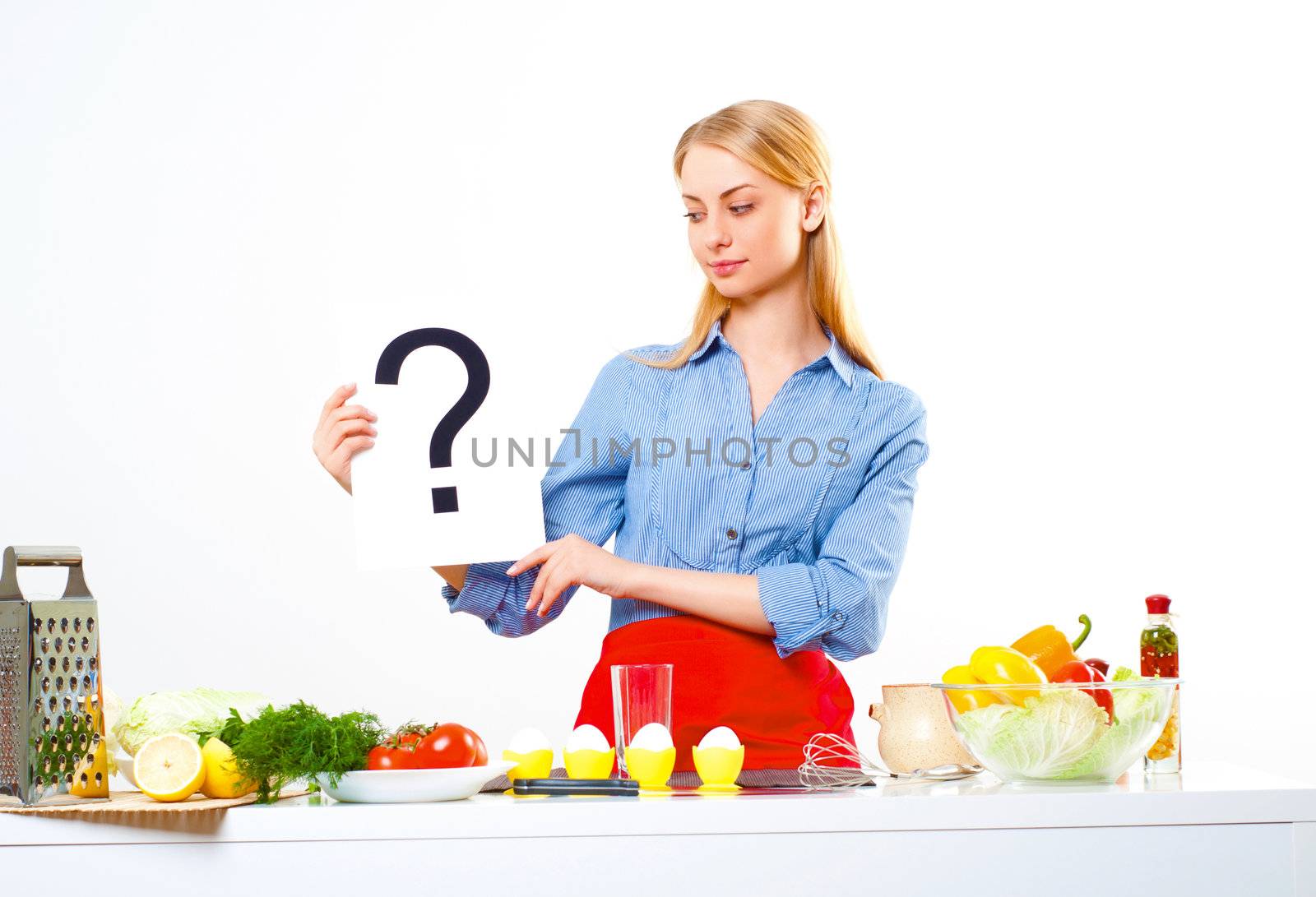 woman holding a plate with question mark