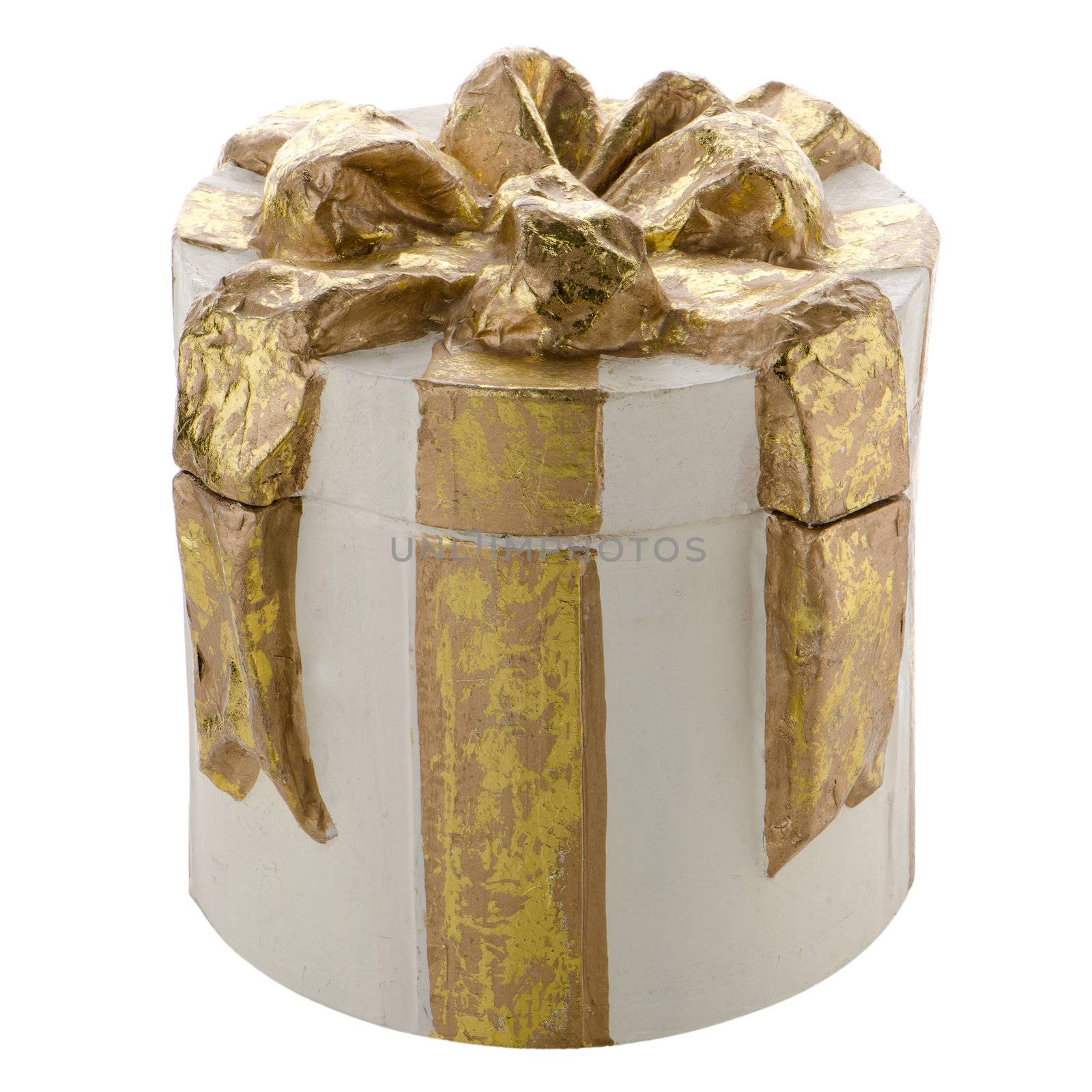 Christmas decorative white gift box with golden ribbon isolated on white background