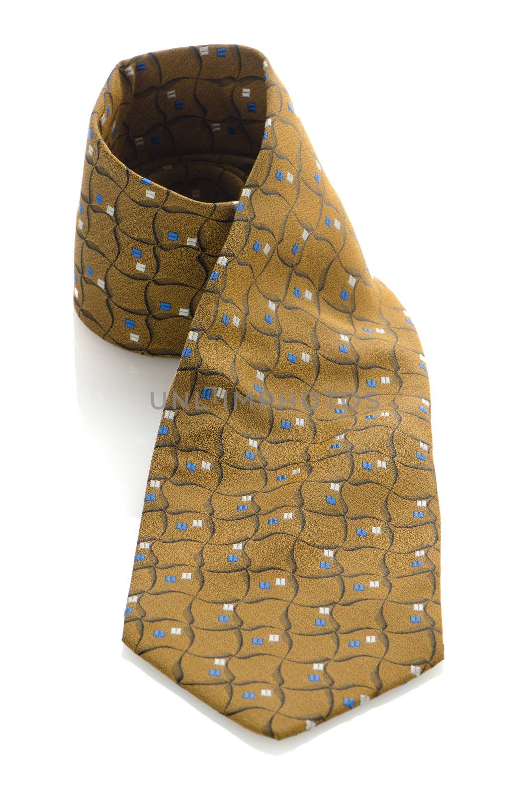 Yellow and blue pattern tie isolated on white background.